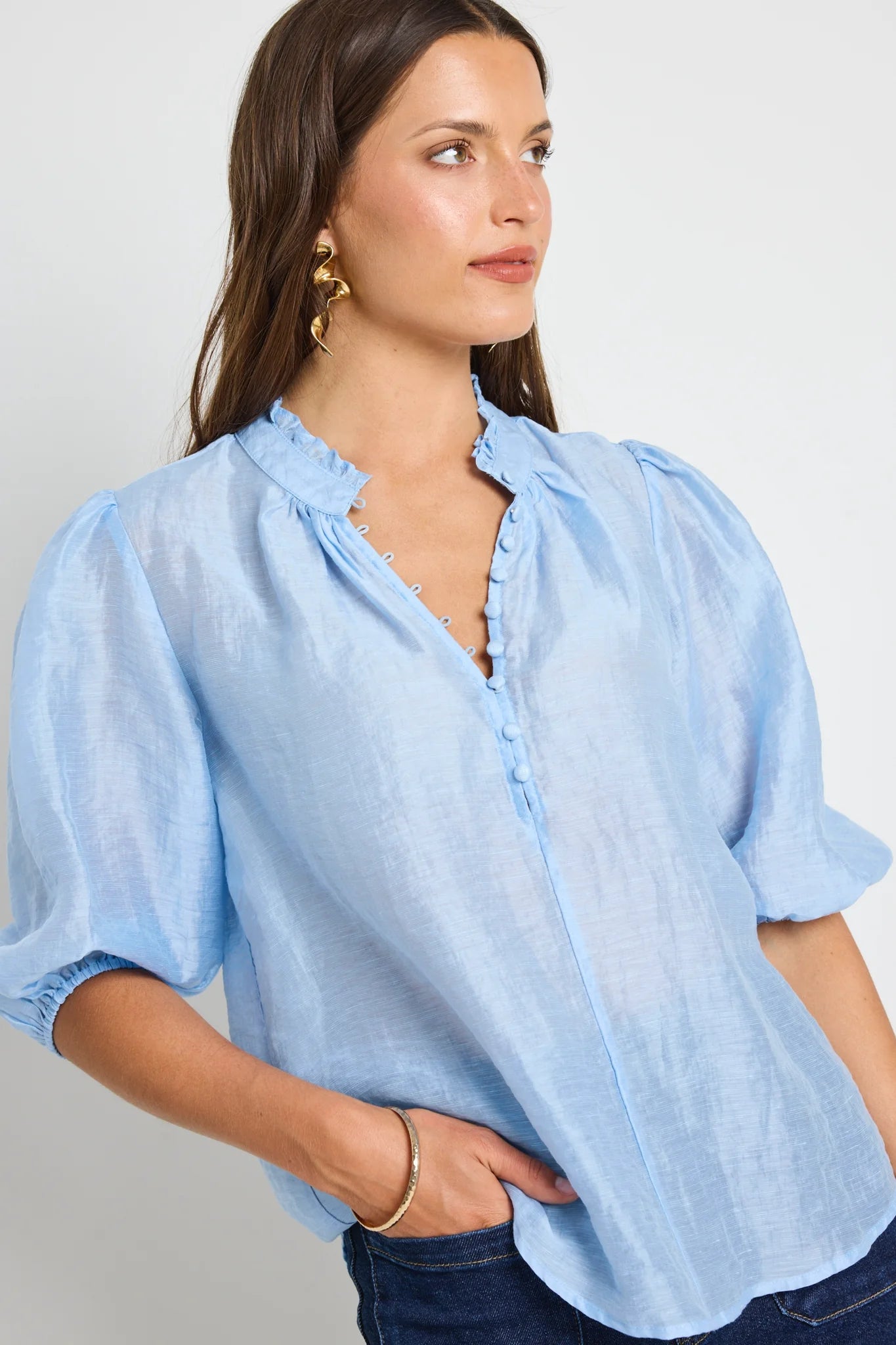 Closure Pale Blue Sheer Top