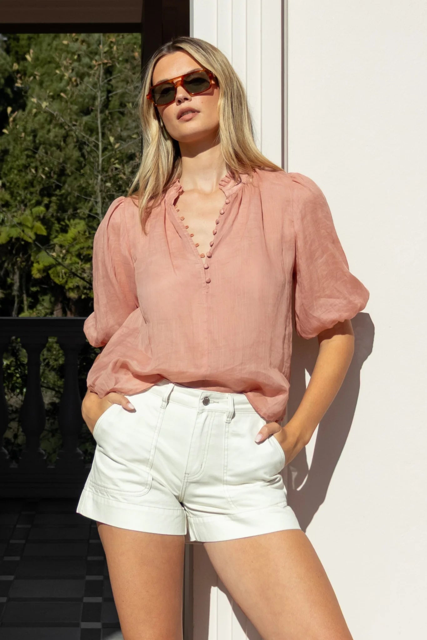 Closure Blush Ramie High Neck Top