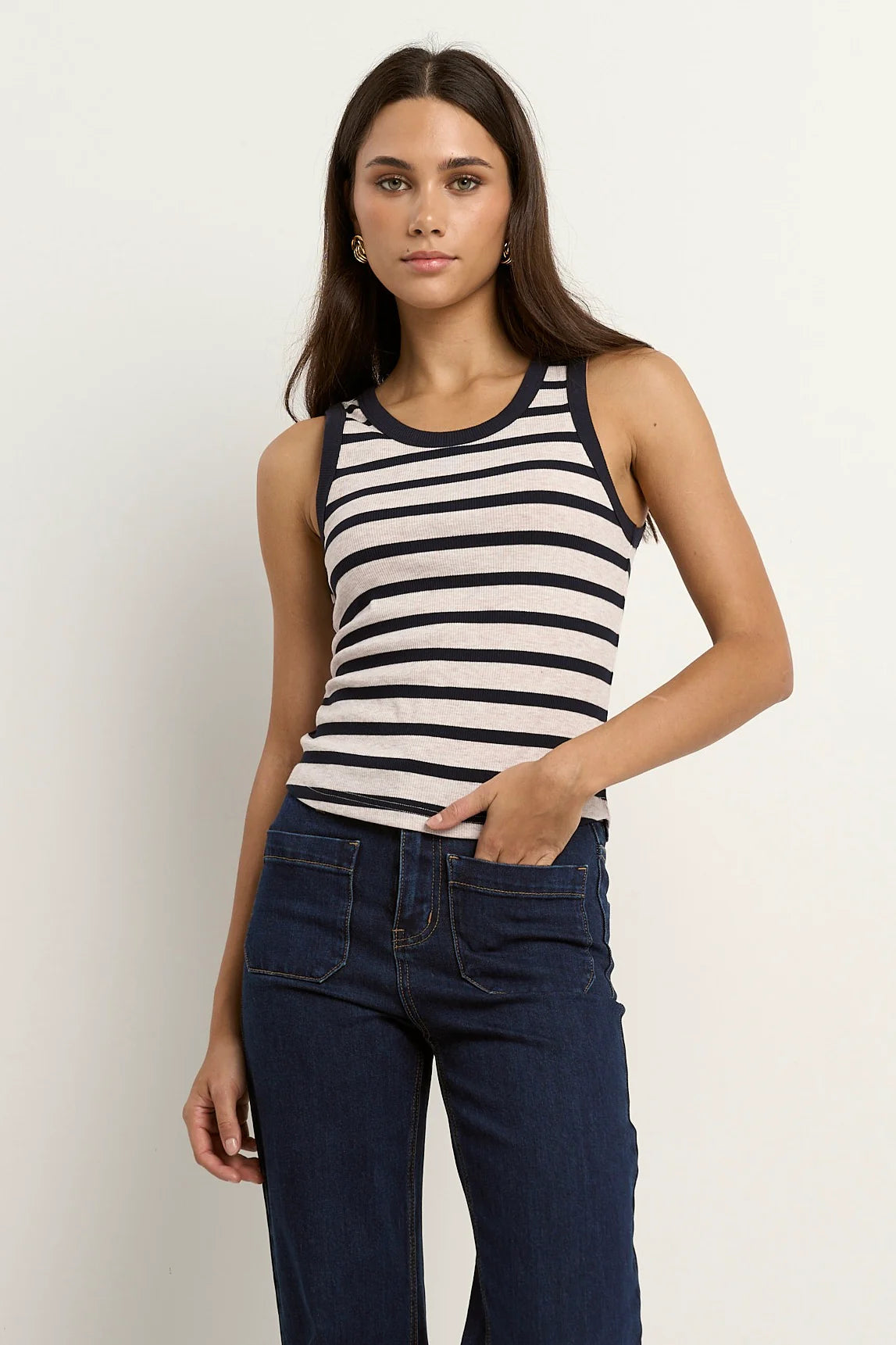 Cobble Navy Ecru Stripe Rib Tank