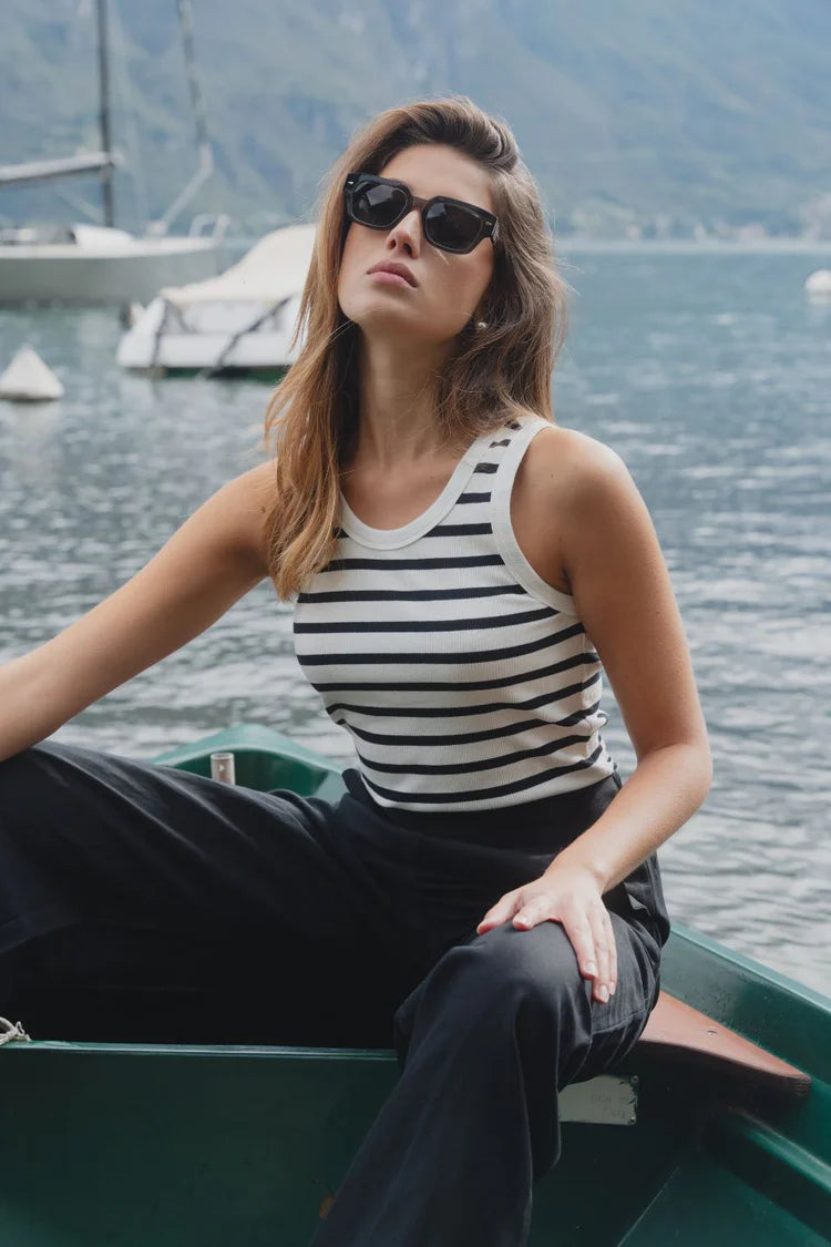 Cobble White Black Stripe Rib Tank