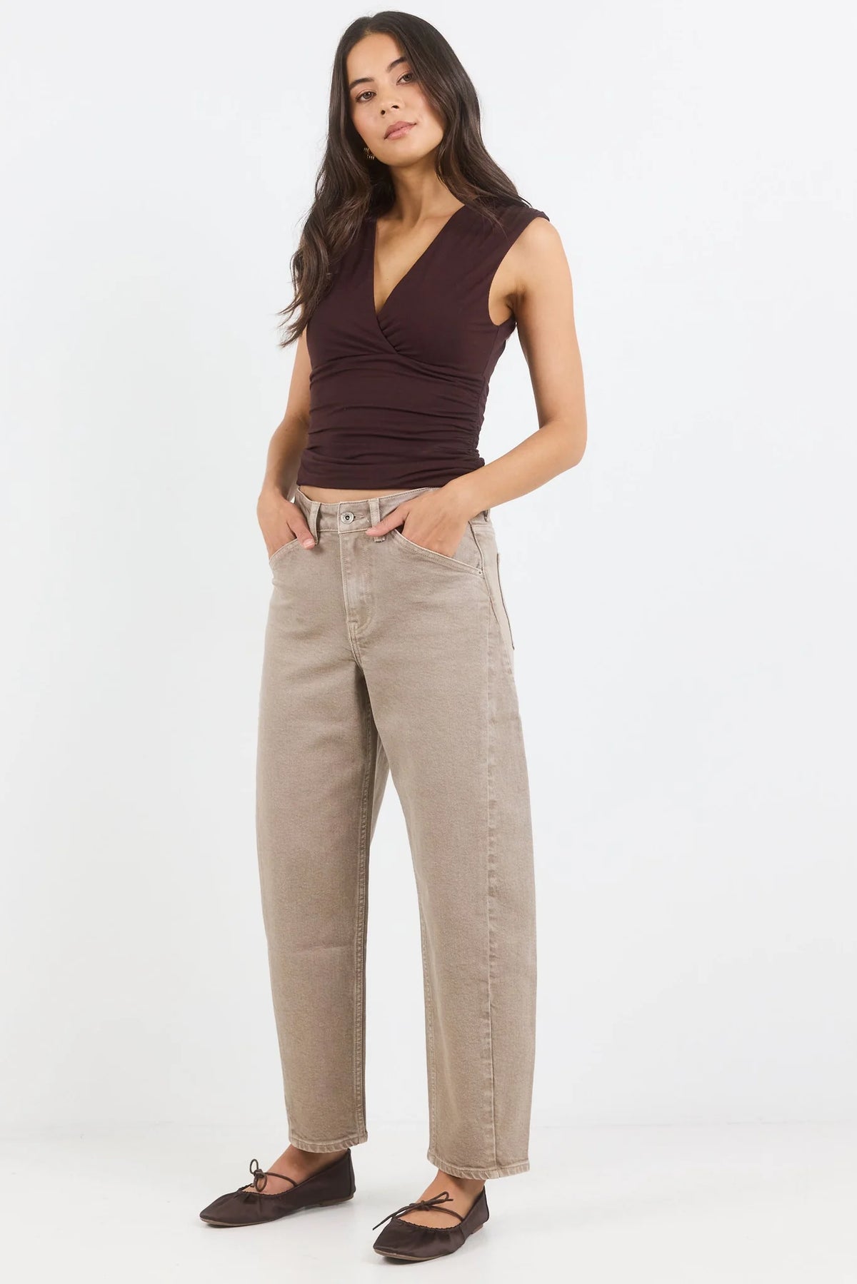 Idolise Taupe Stretch Soft Barrel Jean
