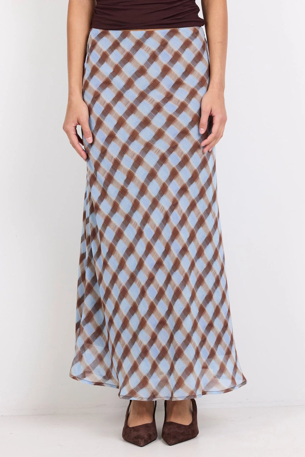 Jubilant chocolate ice blue check Georgette’s pull on bias maxi skirt