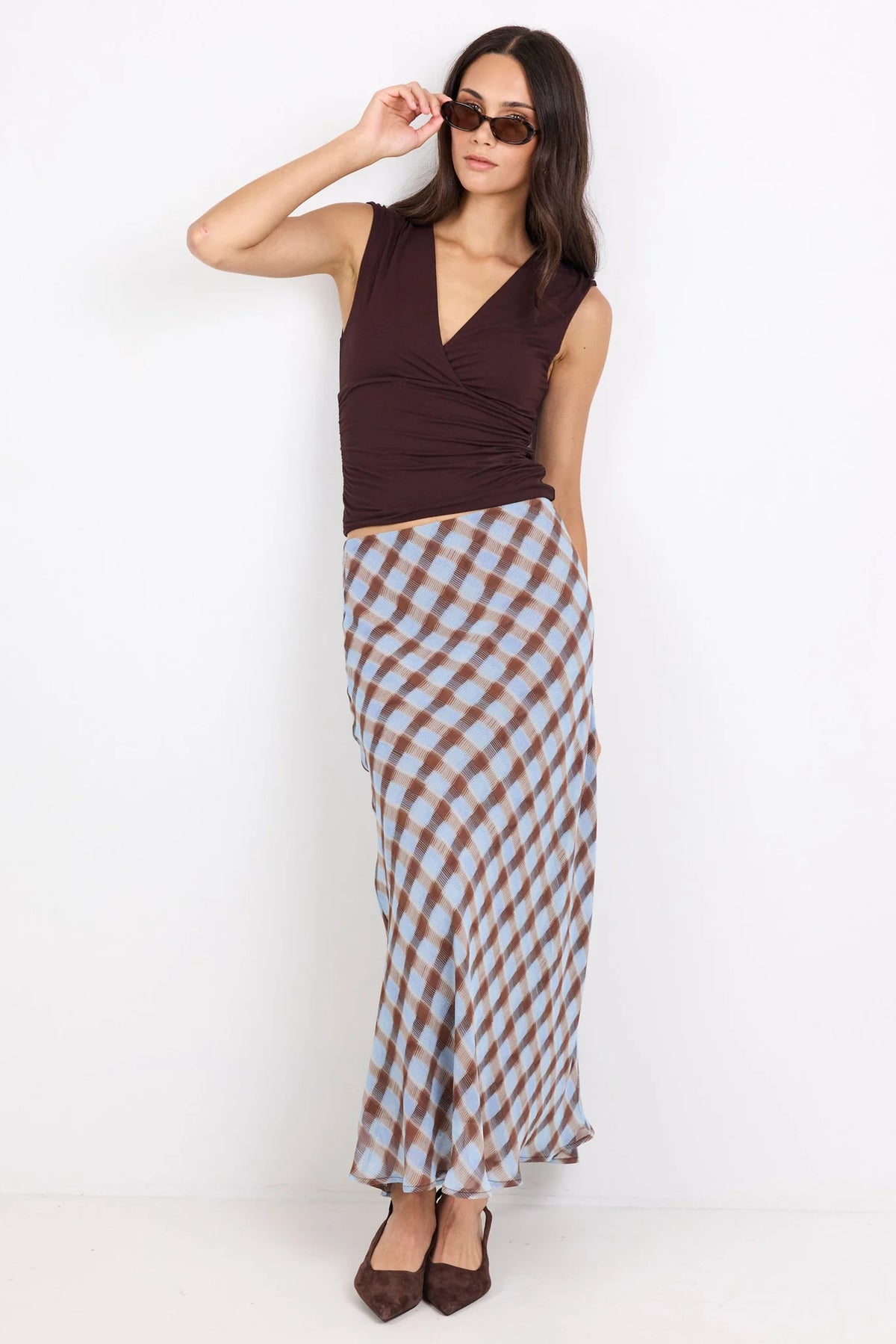 Jubilant chocolate ice blue check Georgette’s pull on bias maxi skirt