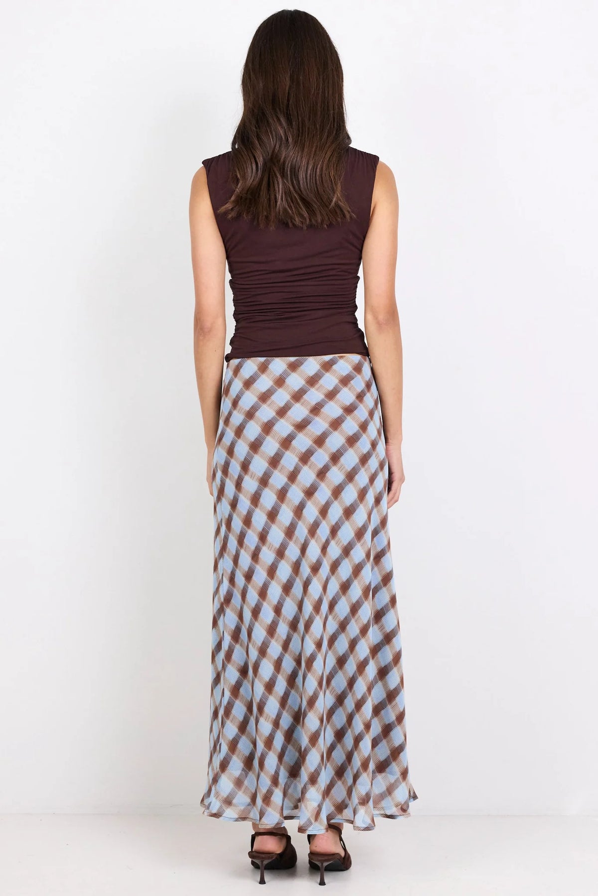 Jubilant chocolate ice blue check Georgette’s pull on bias maxi skirt