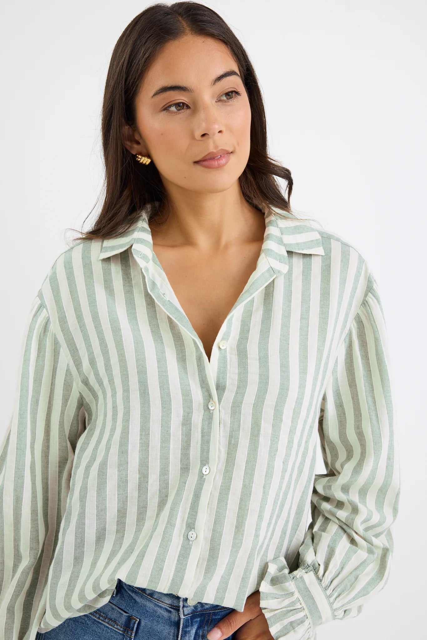 Connection moss stripe drop shoulder top