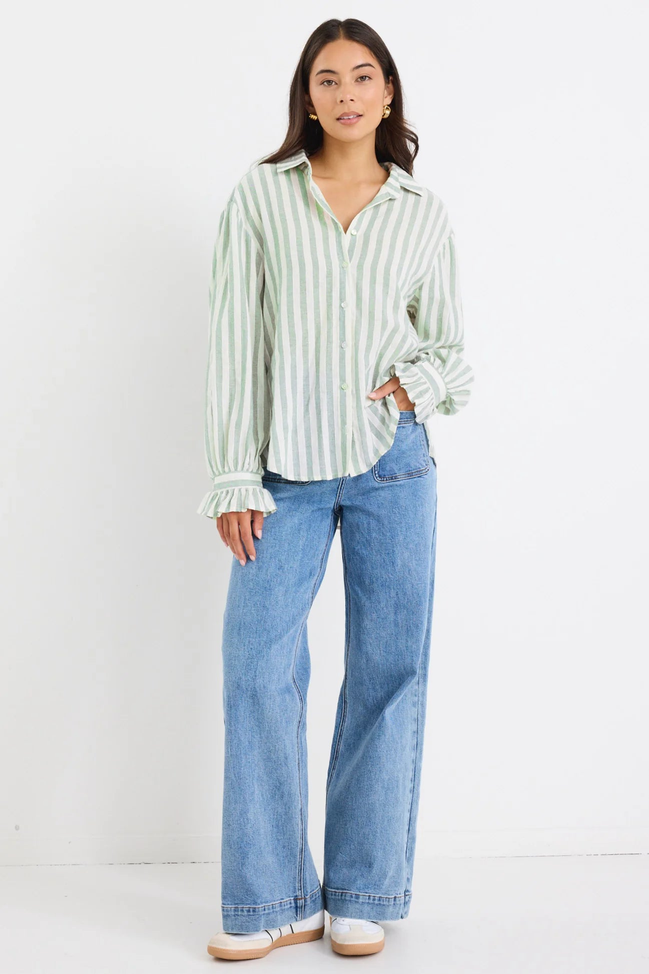 Connection moss stripe drop shoulder top