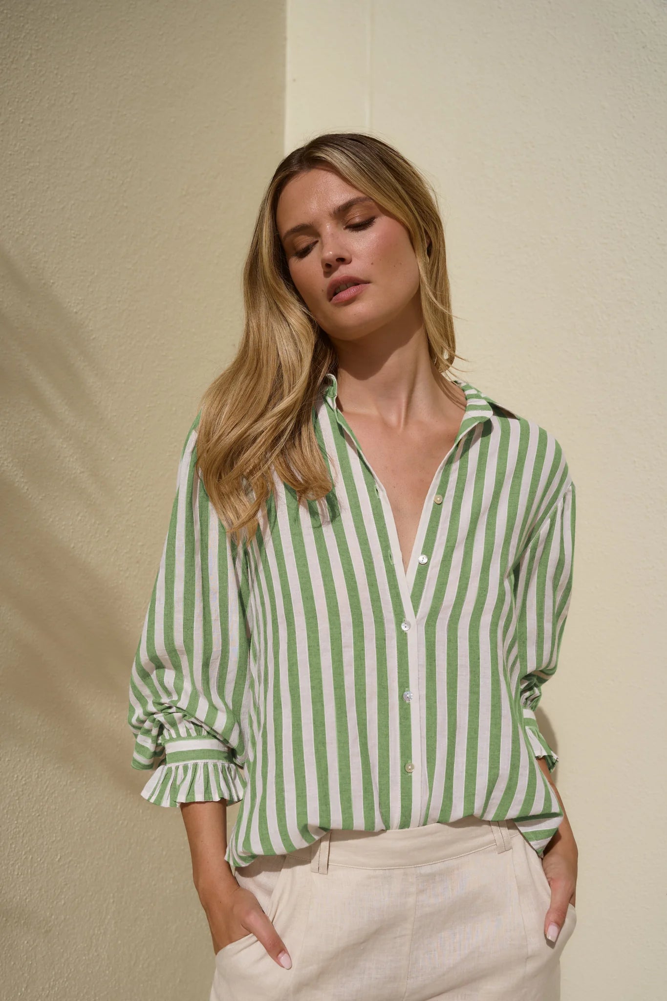 Connection moss stripe drop shoulder top