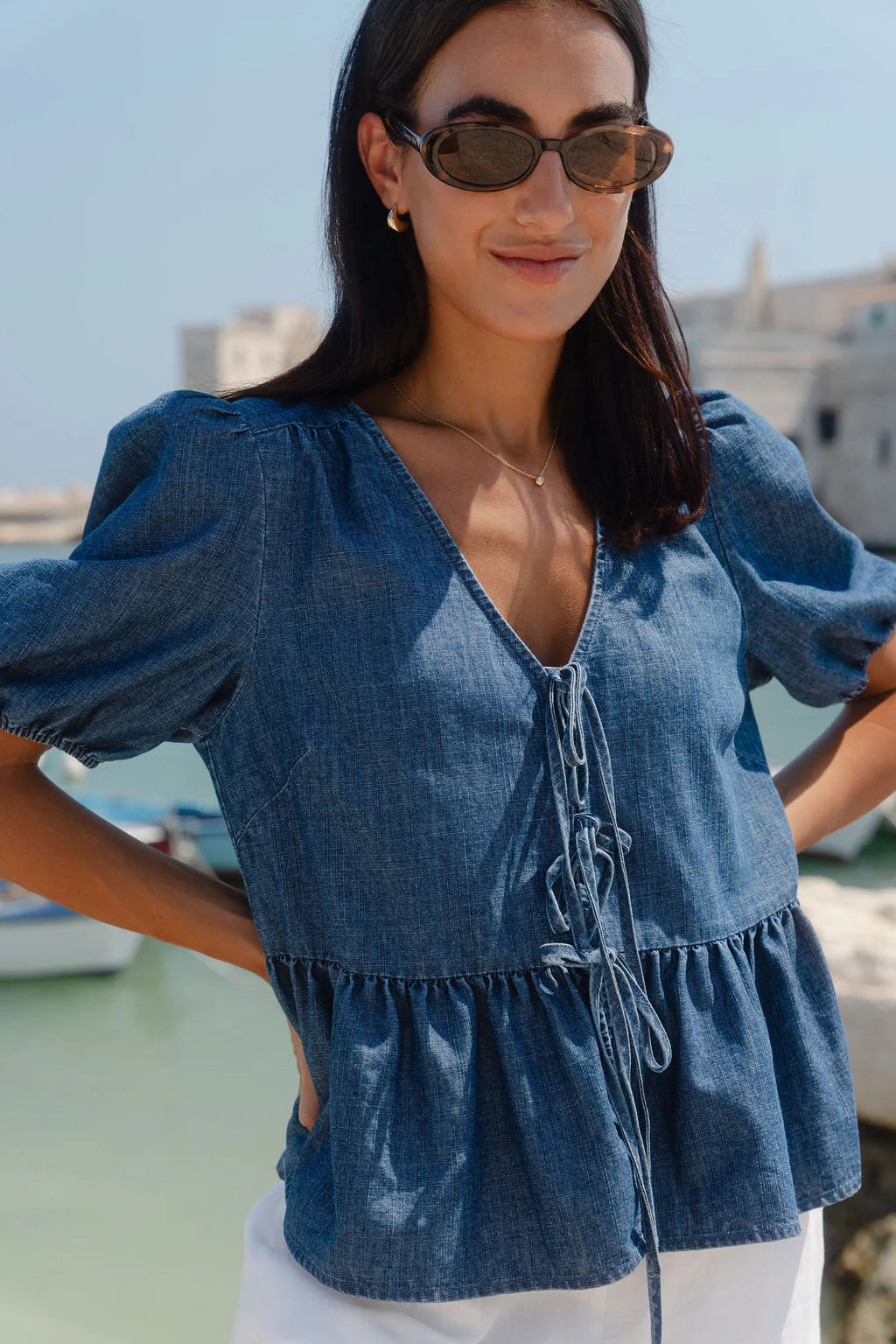 Restore Storm Blue Peplum Top