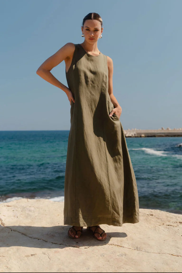 Easygoing Khaki Linen Midi