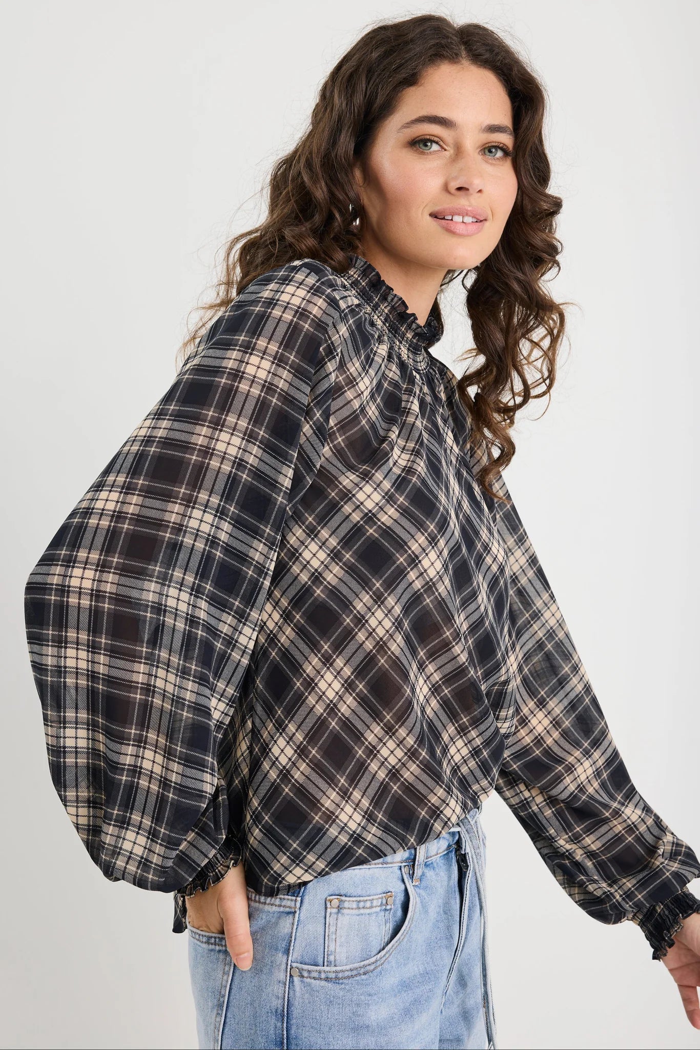 Embrace black check chiffon shirred neck l/s top