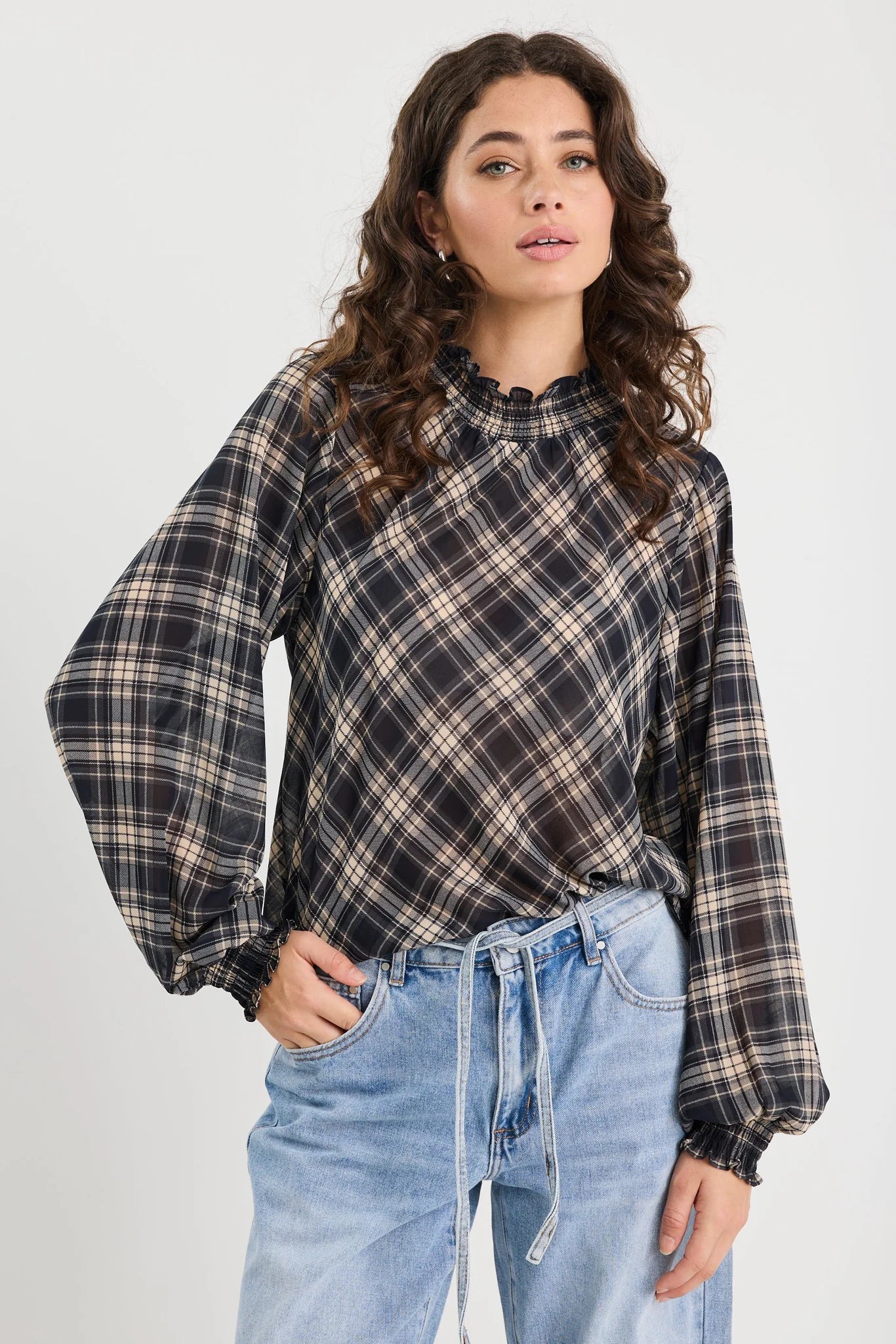 Embrace black check chiffon shirred neck l/s top