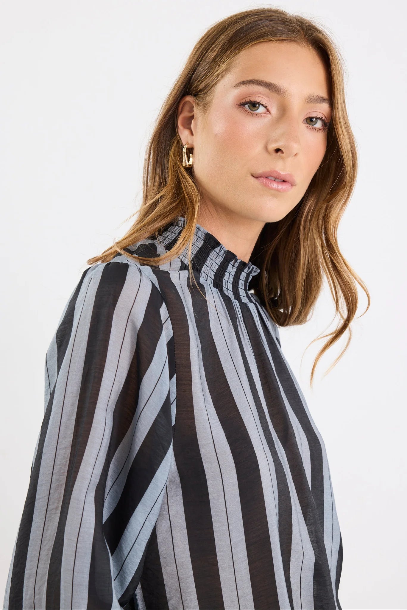 Embrace grey stripe shirred neck l/s top
