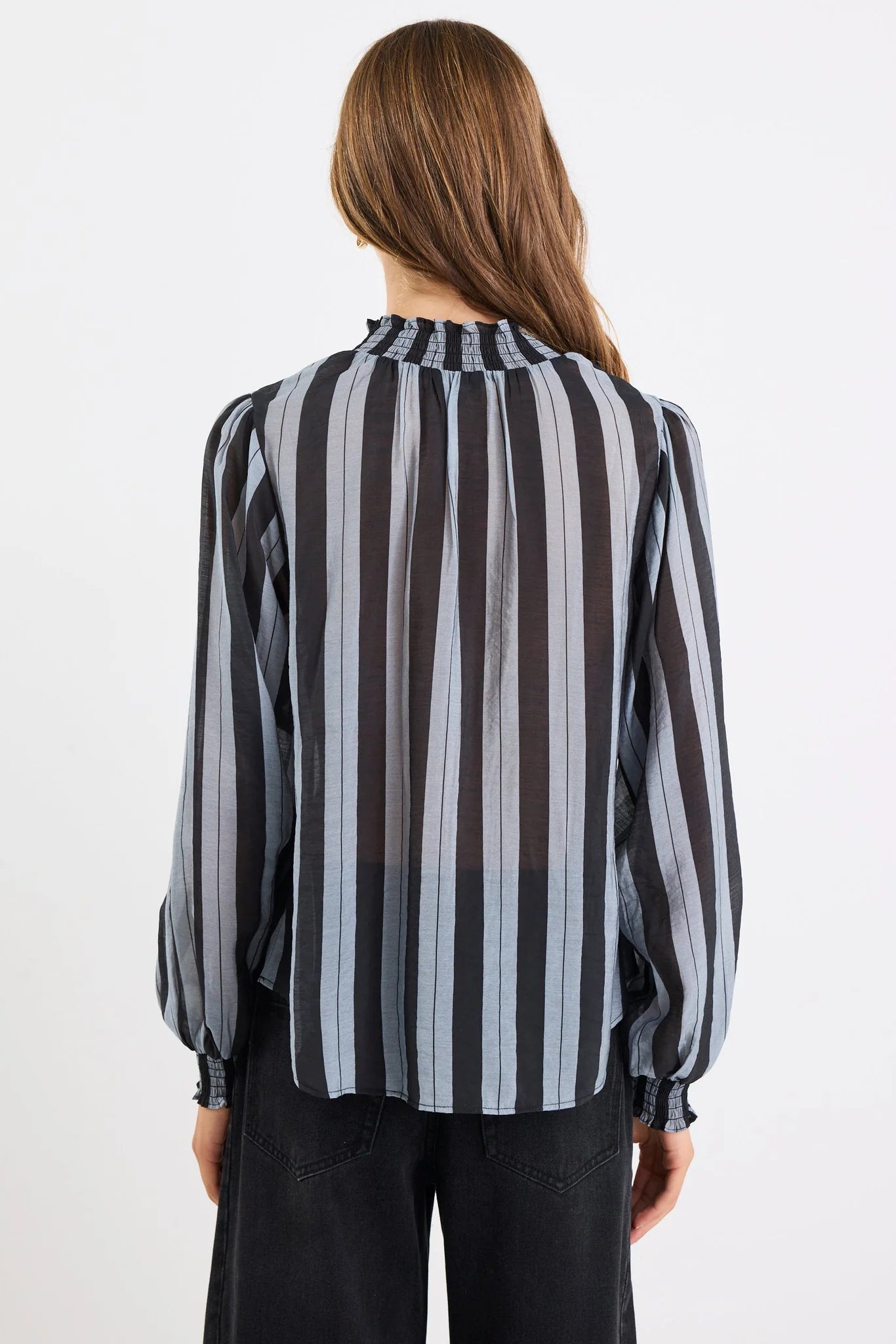 Embrace grey stripe shirred neck l/s top