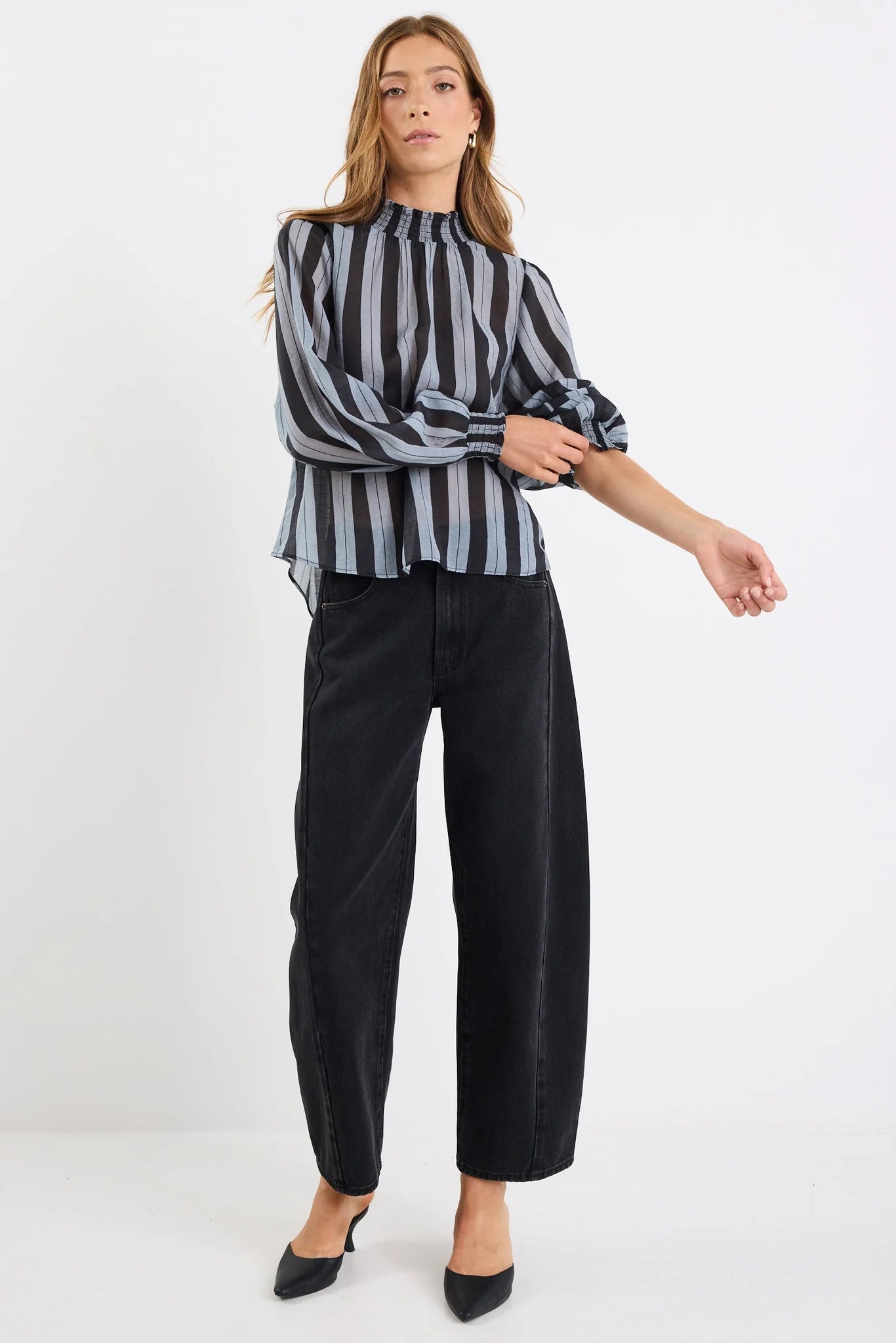 Embrace grey stripe shirred neck l/s top