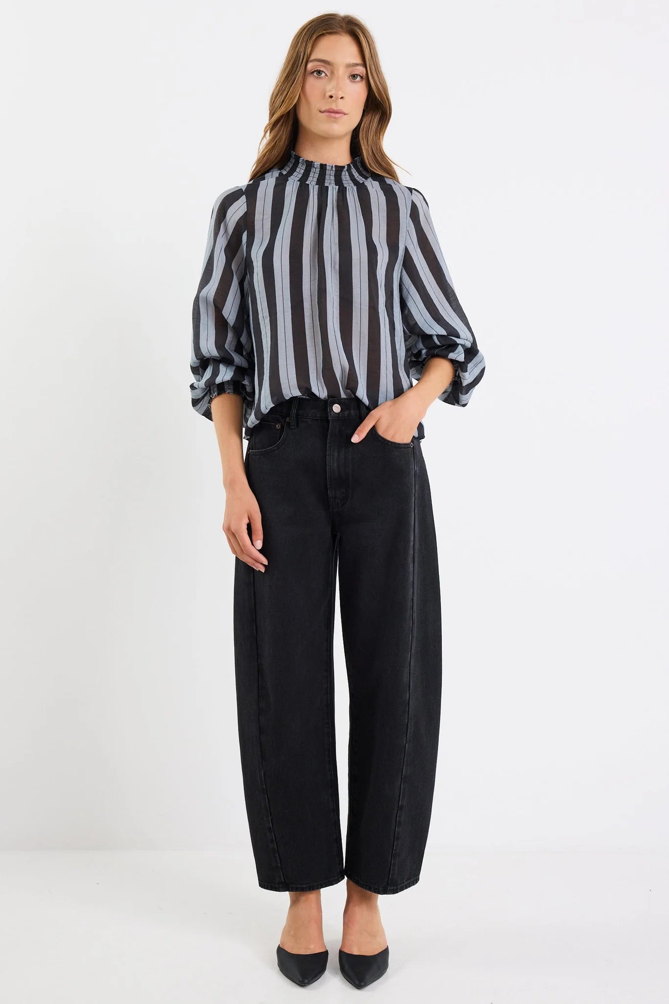 Embrace grey stripe shirred neck l/s top