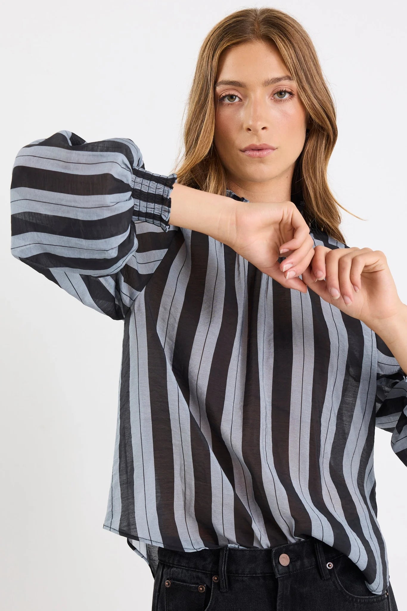 Embrace grey stripe shirred neck l/s top