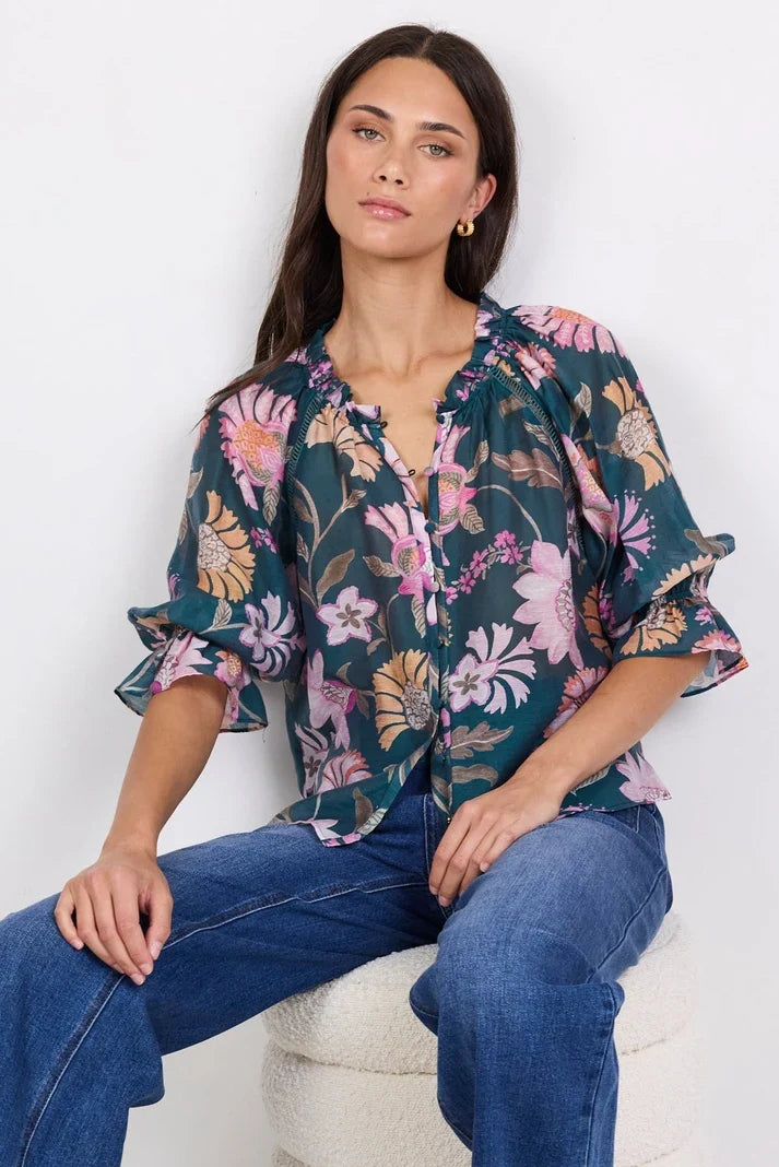 Encounter Petrol Scarf Print Top