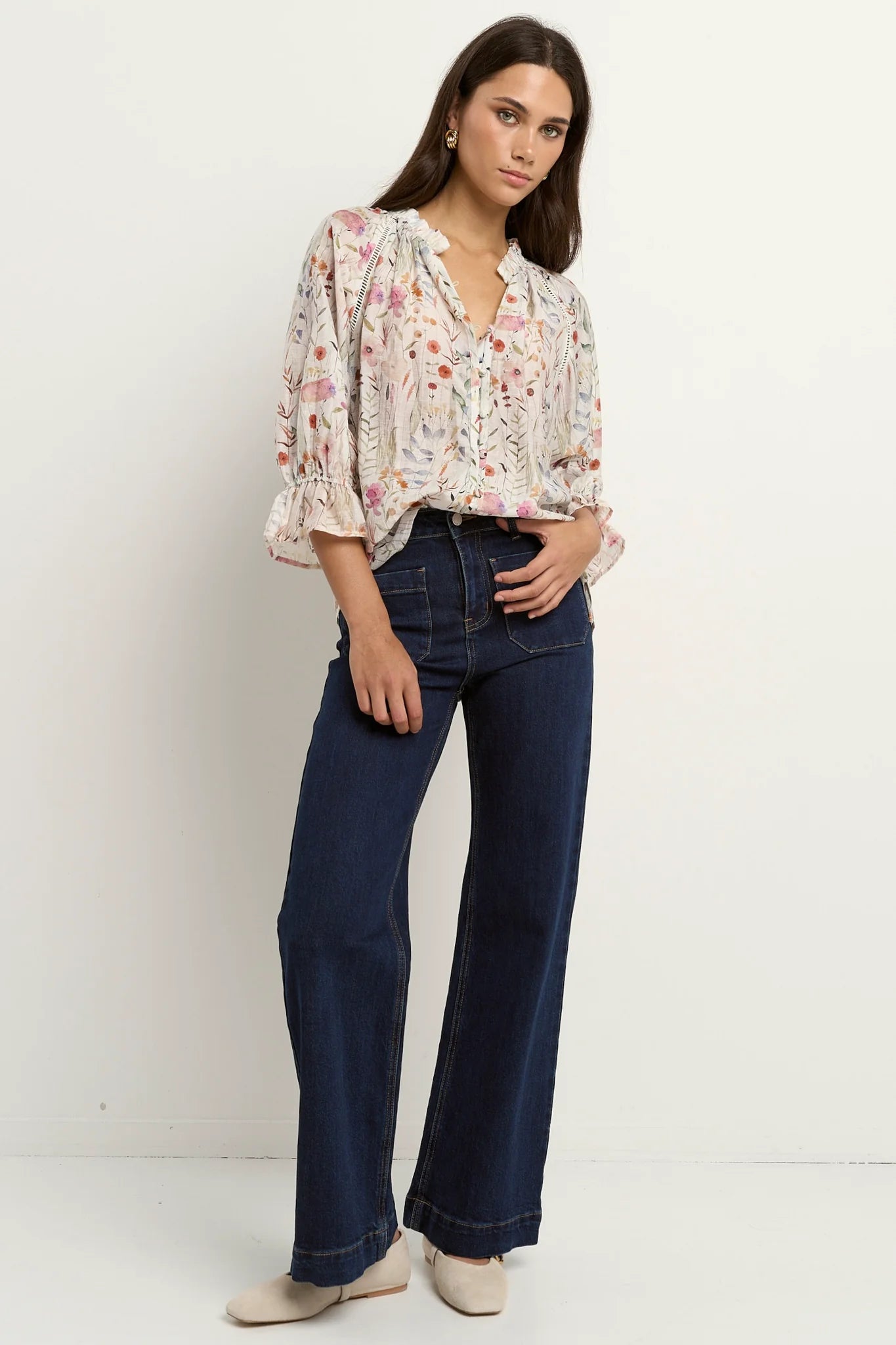 Encounter cream floral button front top