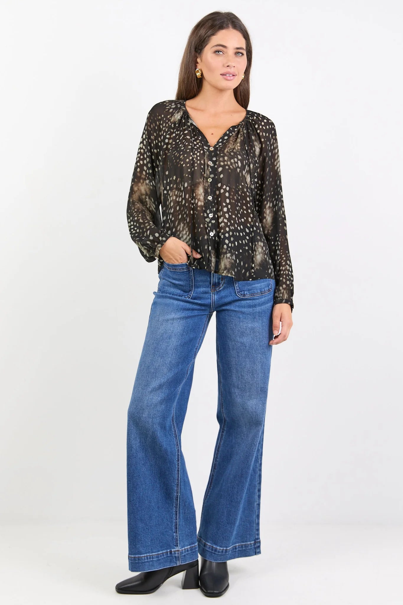 Envision black polka dot georgette button front long sleeve blouse