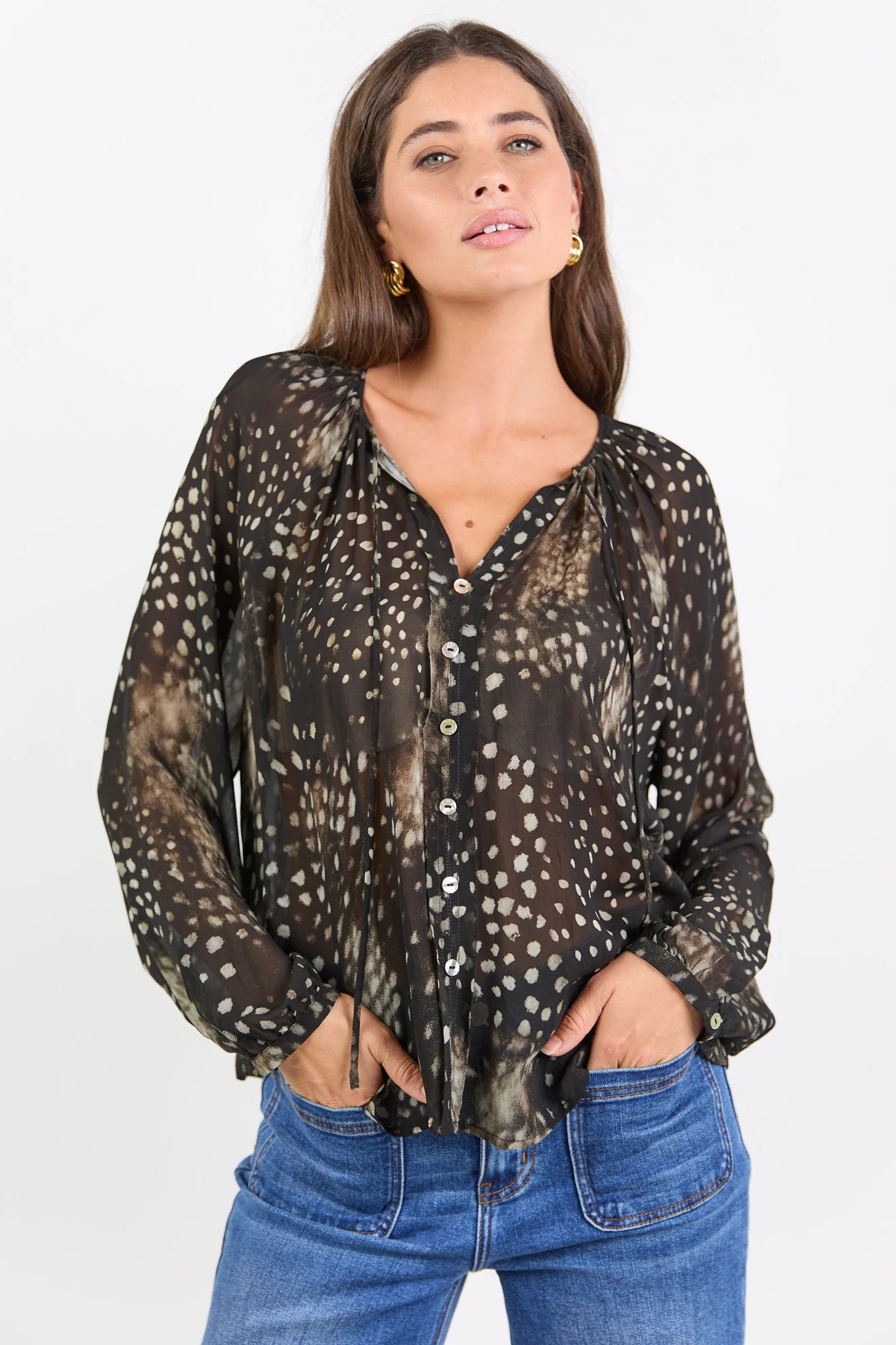 Envision black polka dot georgette button front long sleeve blouse