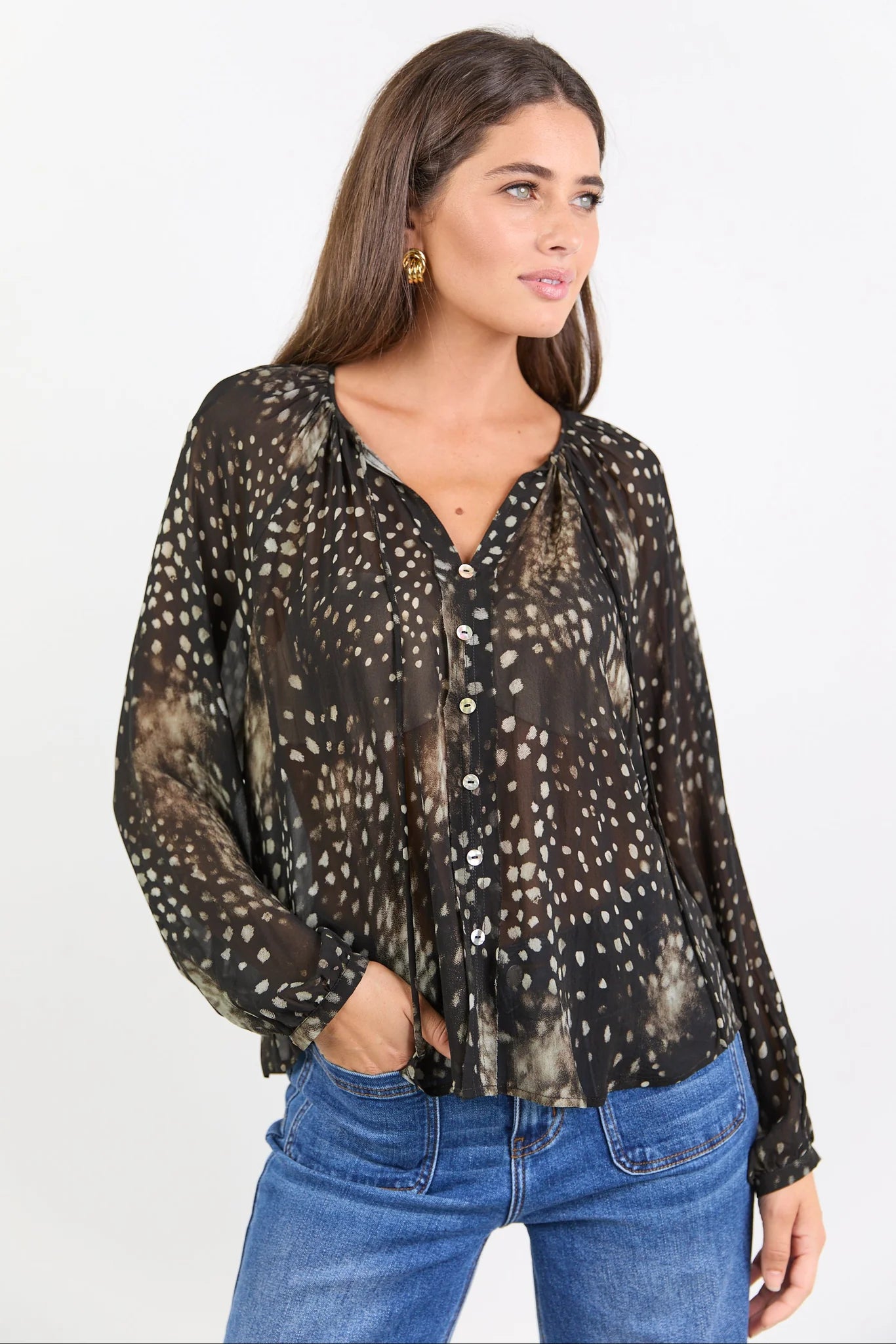 Envision black polka dot georgette button front long sleeve blouse