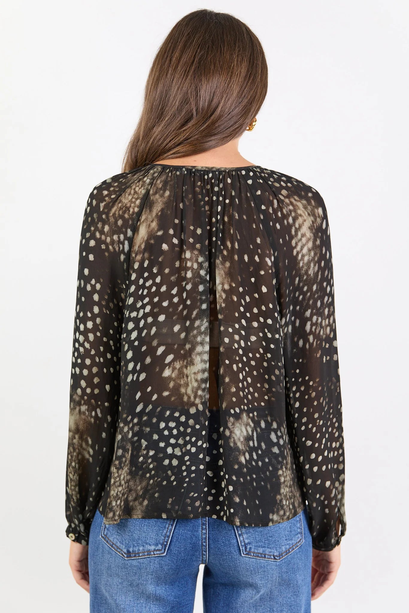 Envision black polka dot georgette button front long sleeve blouse