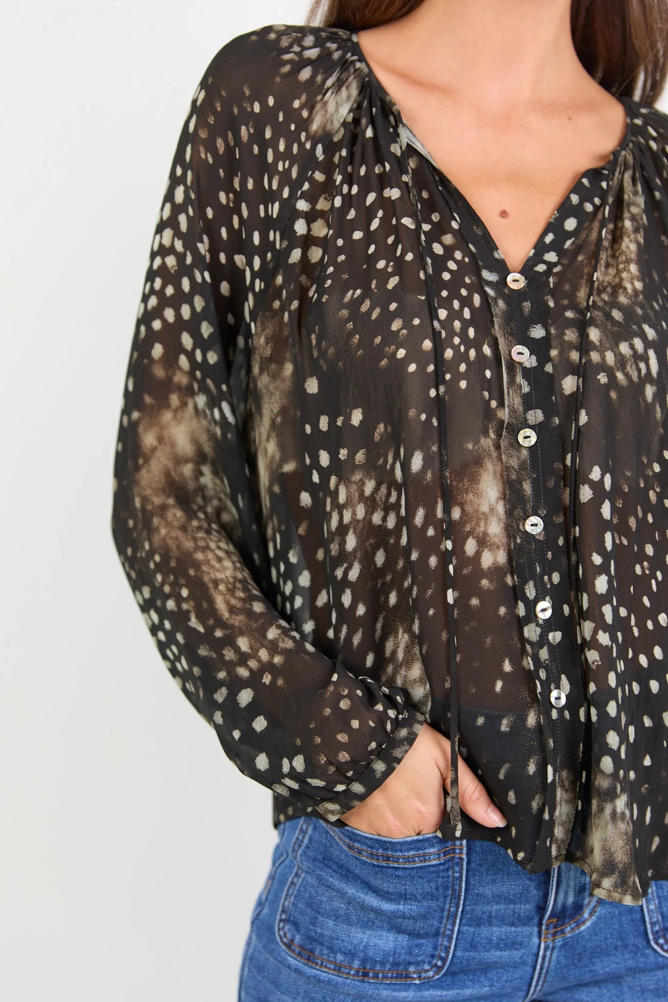 Envision black polka dot georgette button front long sleeve blouse