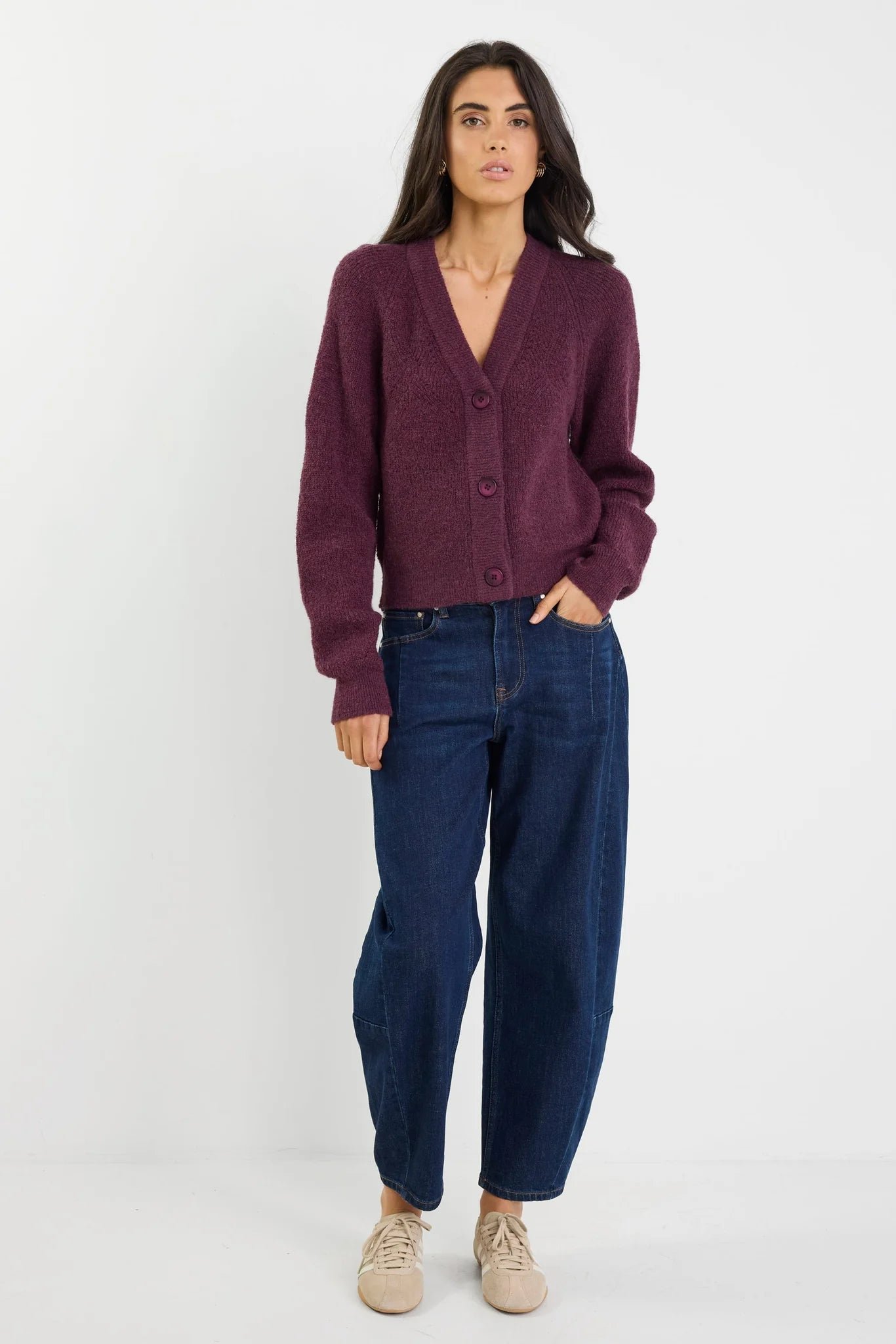 Essence plum v neck cardi rib knit