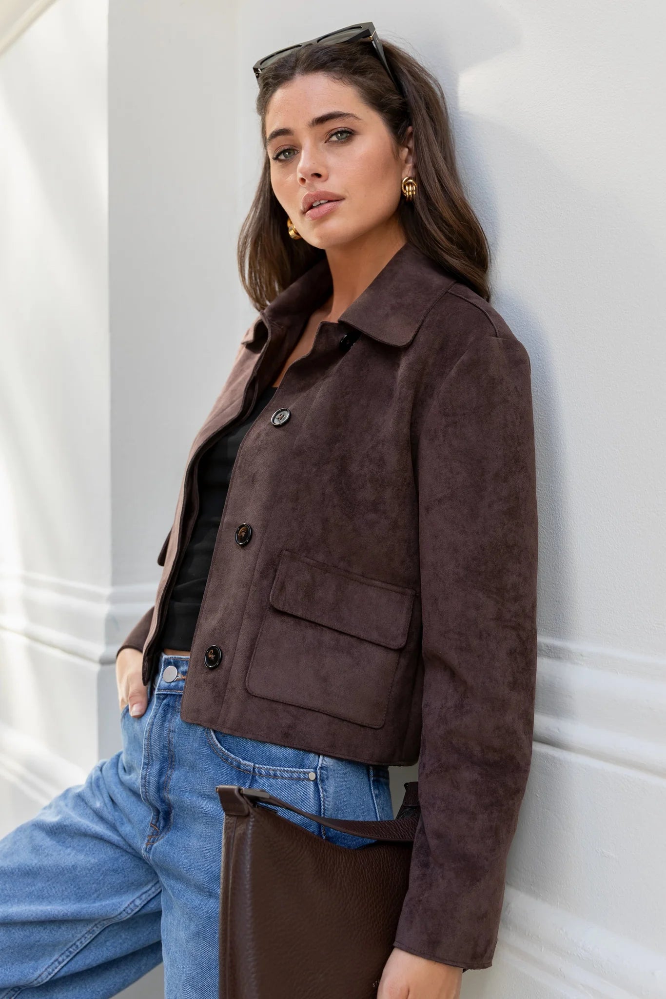 Exhibit chocolate mock suede button front cropped jacket