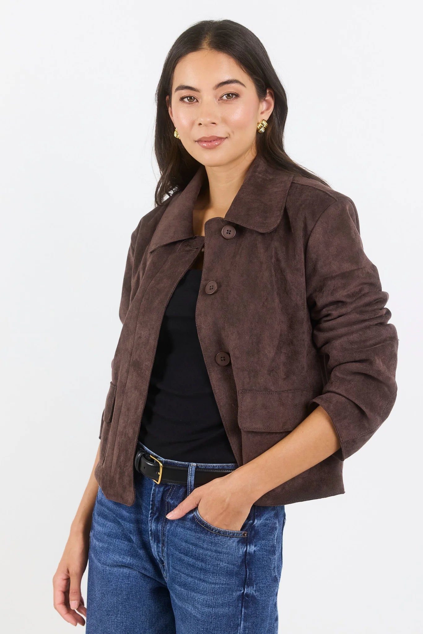 Exhibit chocolate mock suede button front cropped jacket
