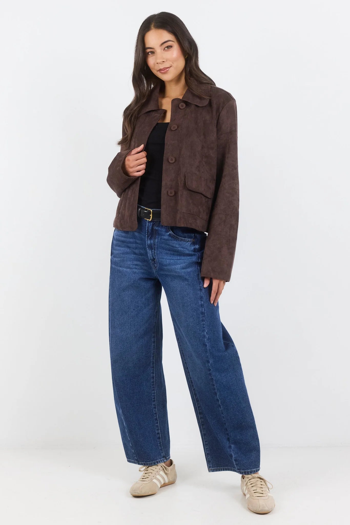 Exhibit chocolate mock suede button front cropped jacket