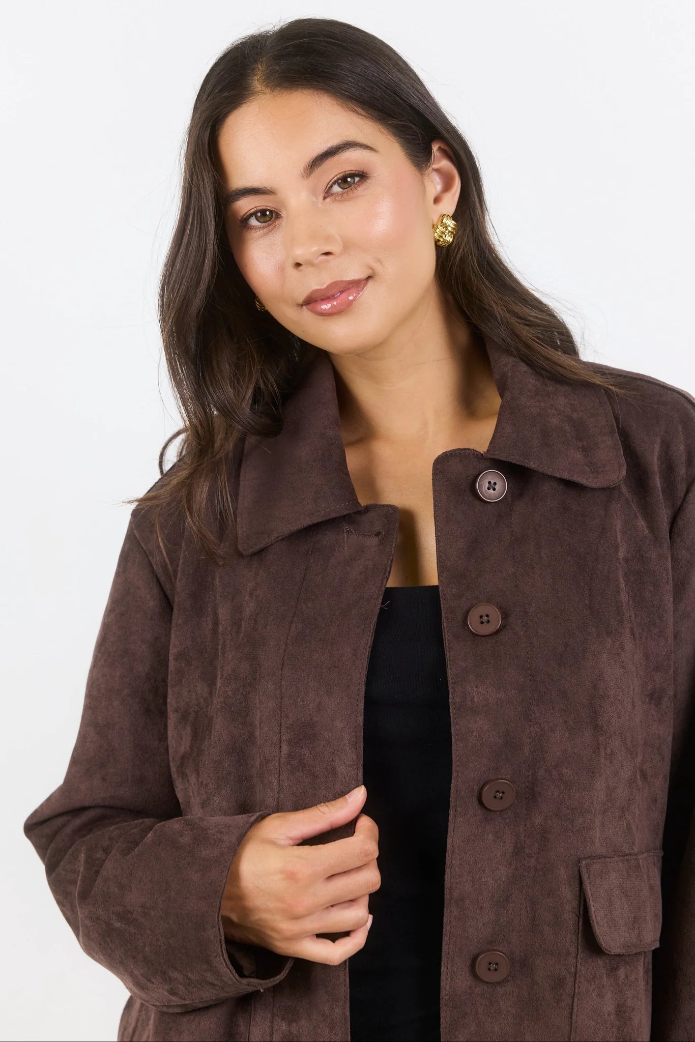 Exhibit chocolate mock suede button front cropped jacket
