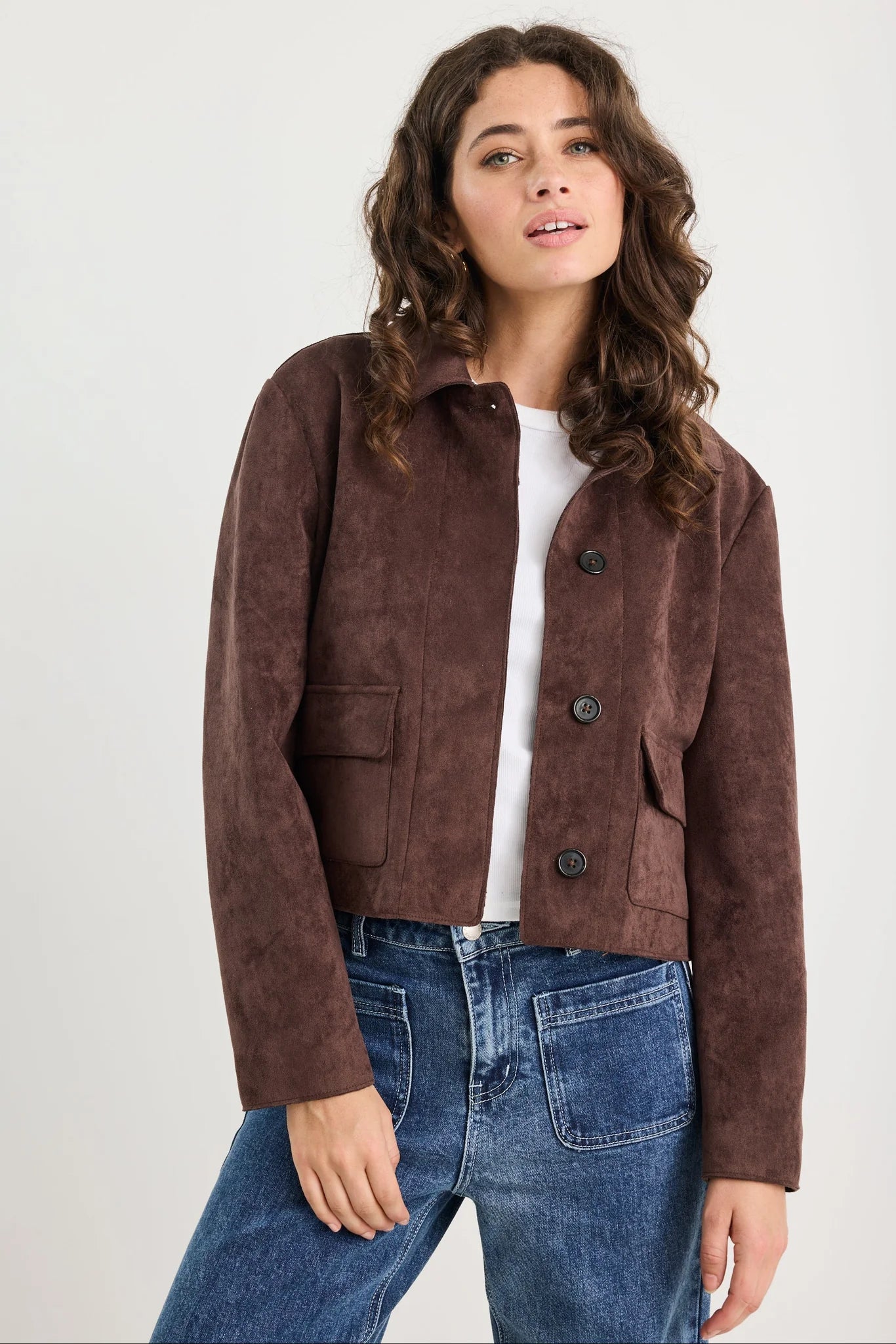Exhibit chocolate mock suede button front cropped jacket