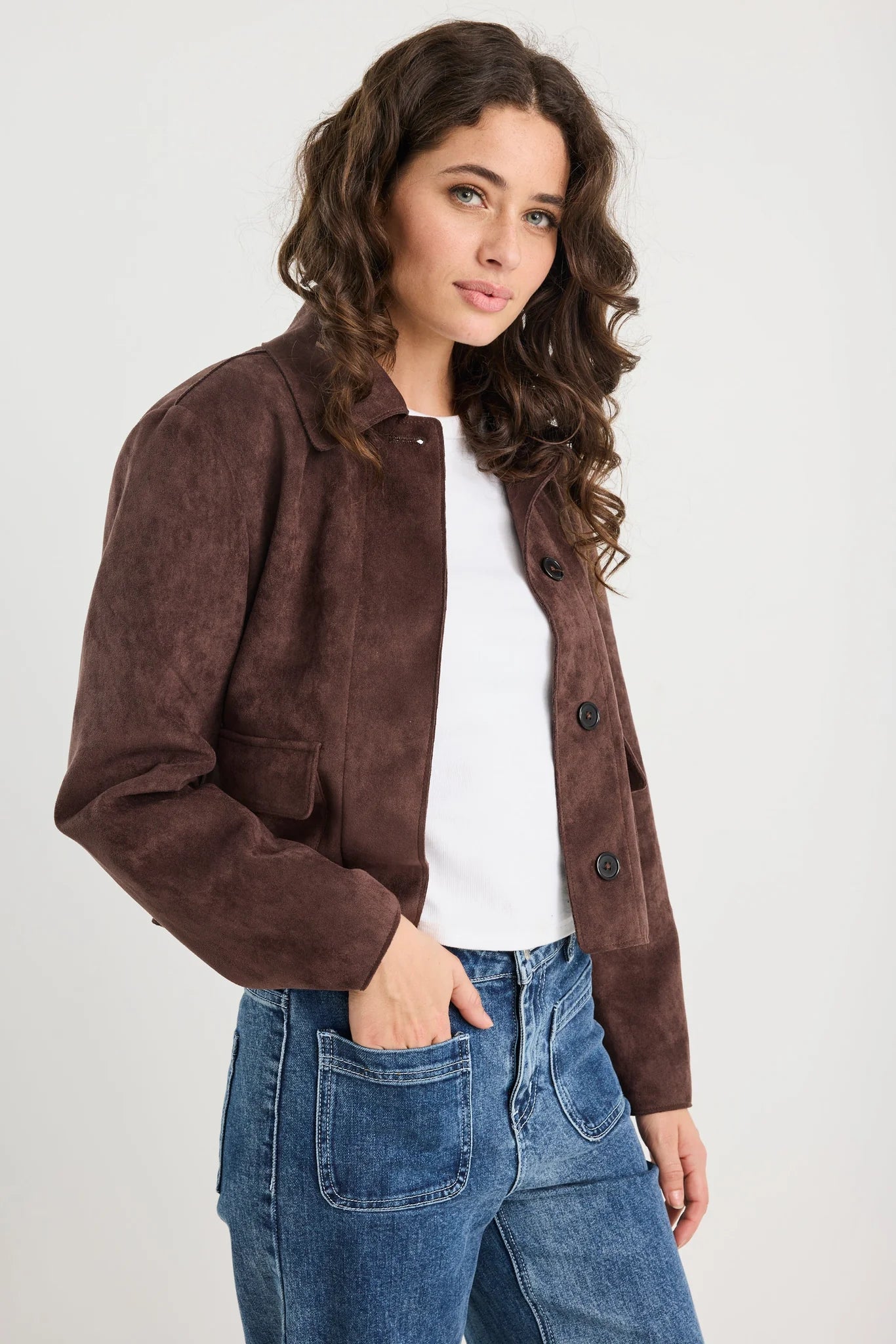 Exhibit chocolate mock suede button front cropped jacket