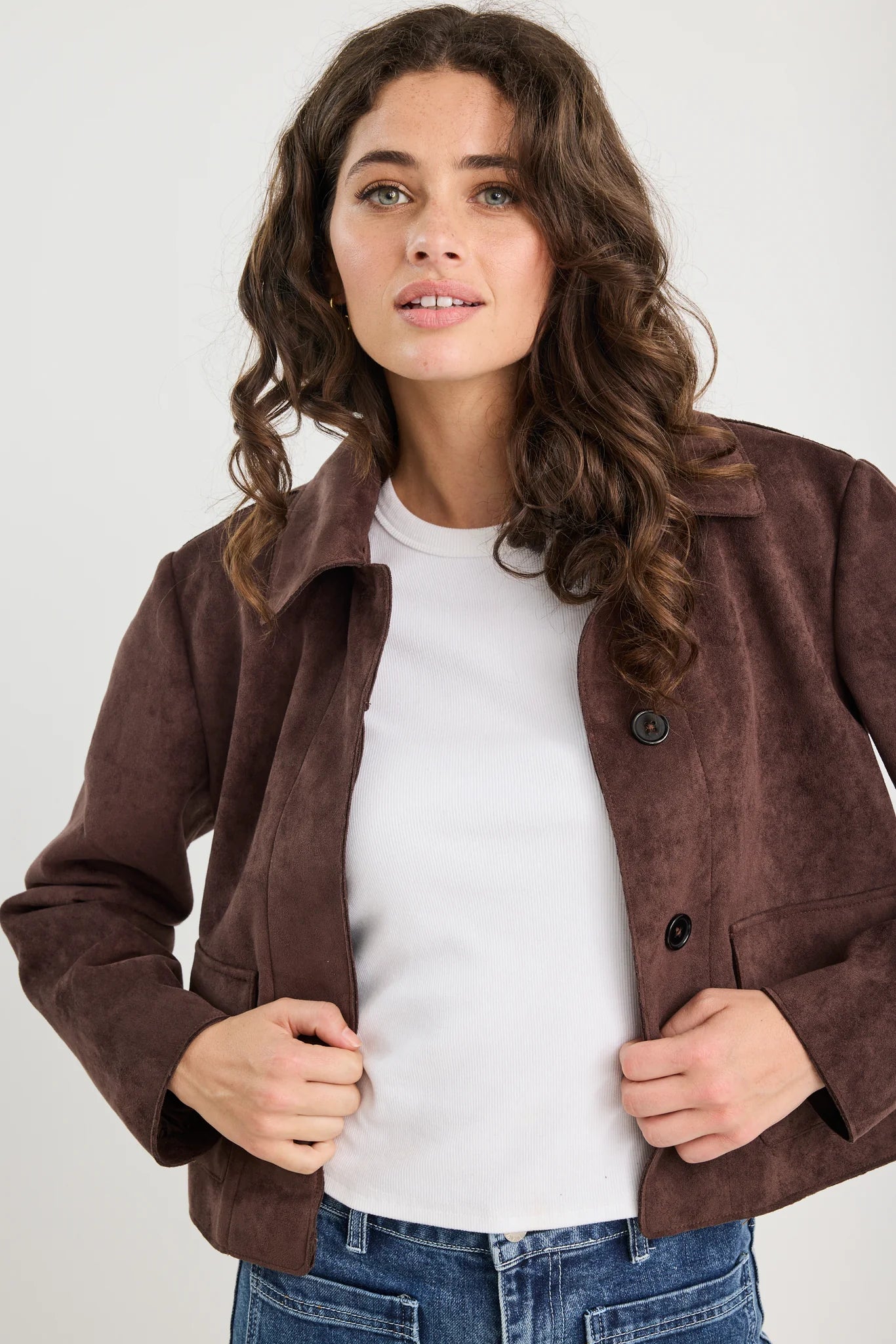 Exhibit chocolate mock suede button front cropped jacket