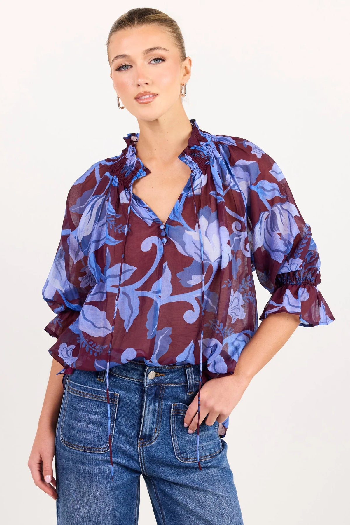 Expedition burgundy blue floral shirred neck top