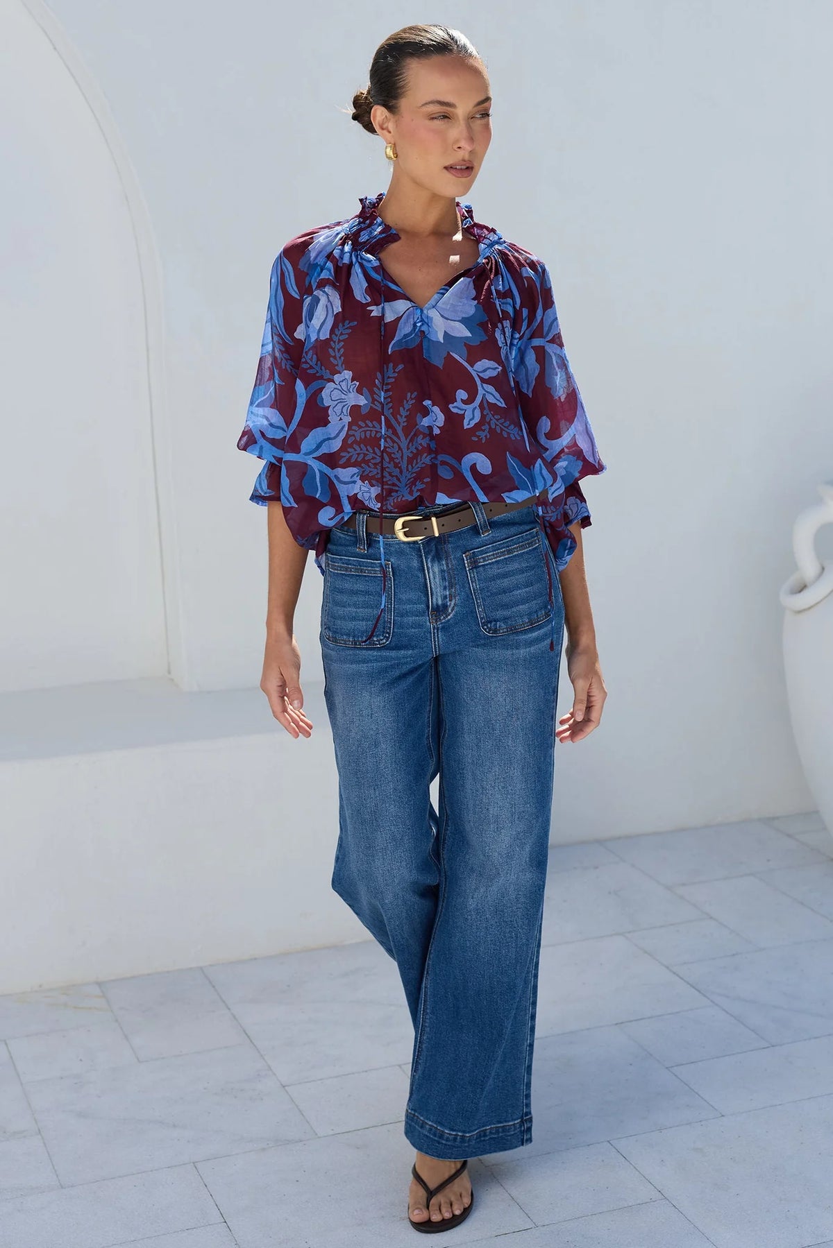 Expedition burgundy blue floral shirred neck top