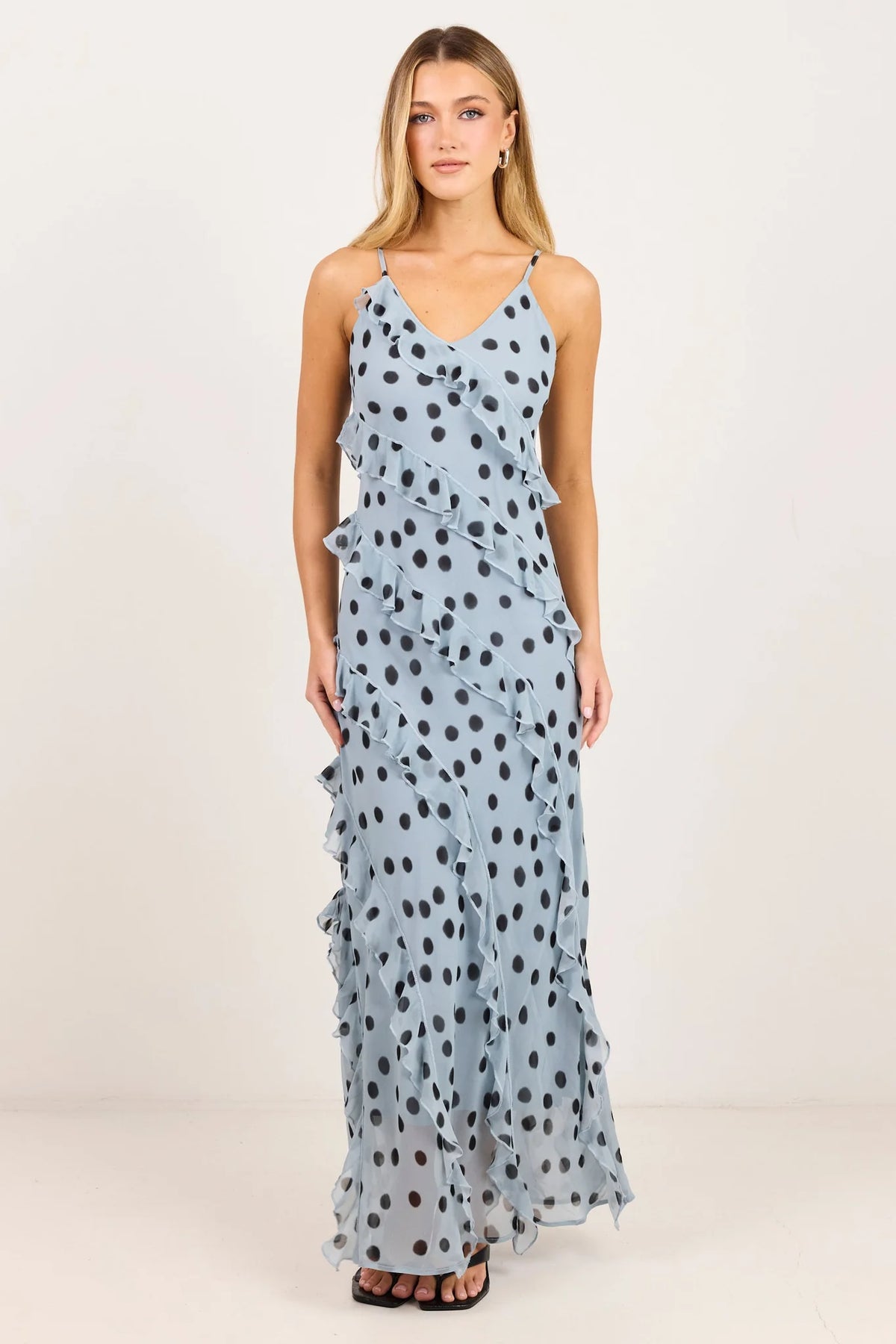 Galore Ice Blue Polka Dot Georgette Bias Ruffle Slip Maxi Dress