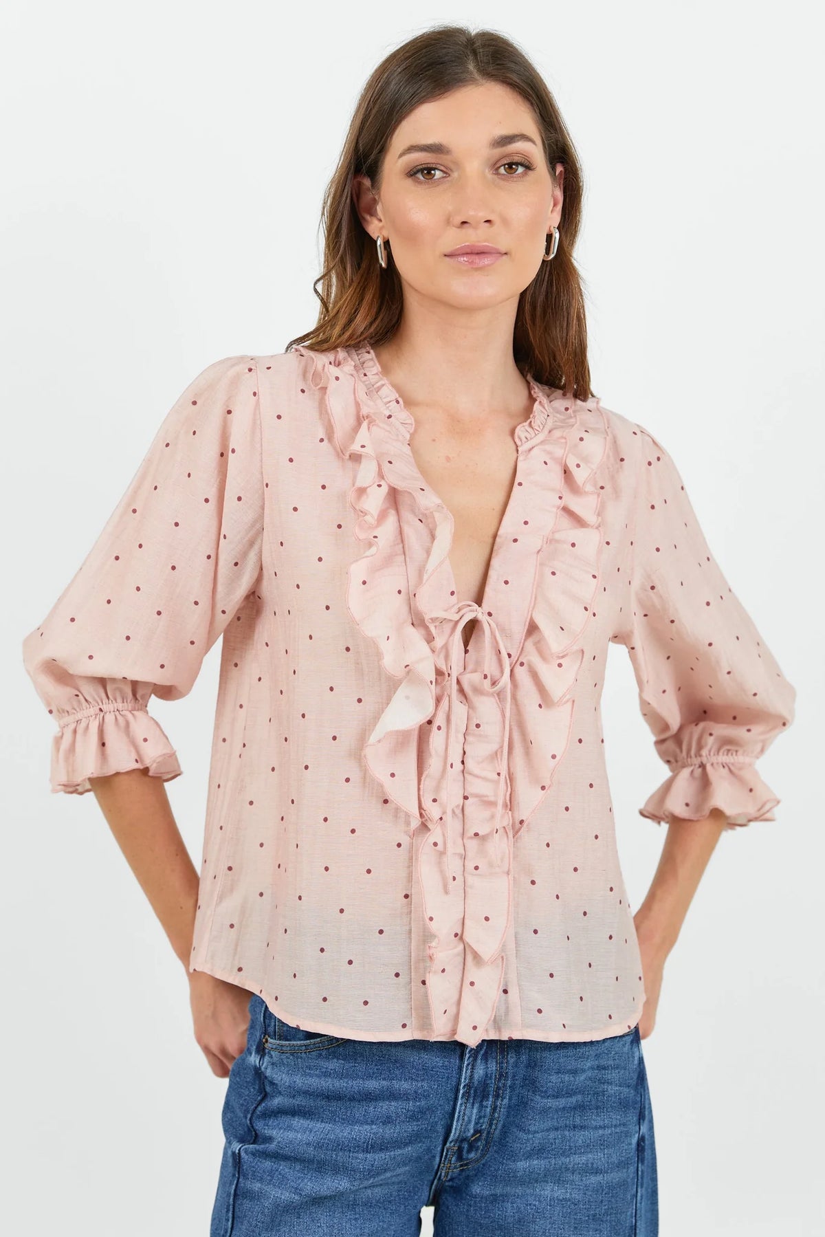 Garnish blush polka dot frill front midi sleeve top