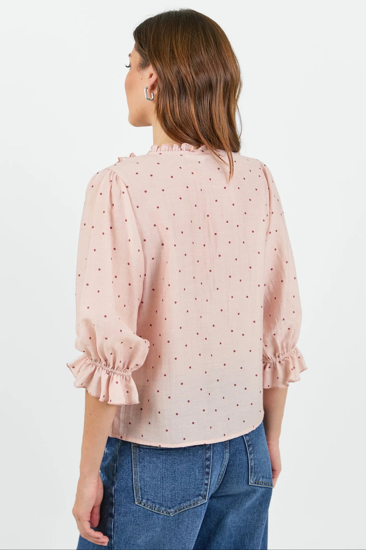 Garnish blush polka dot frill front midi sleeve top