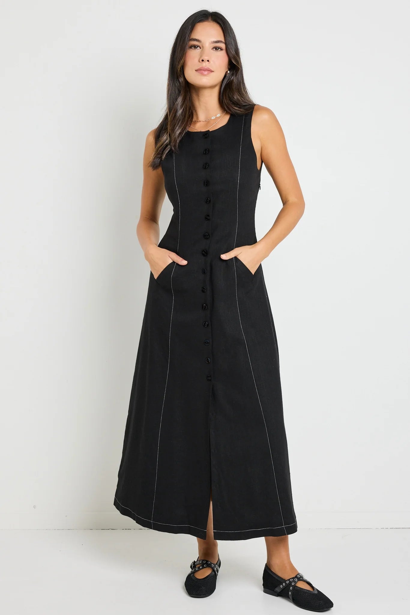 Guide Black Contrast Stitch Maxi Vest Dress