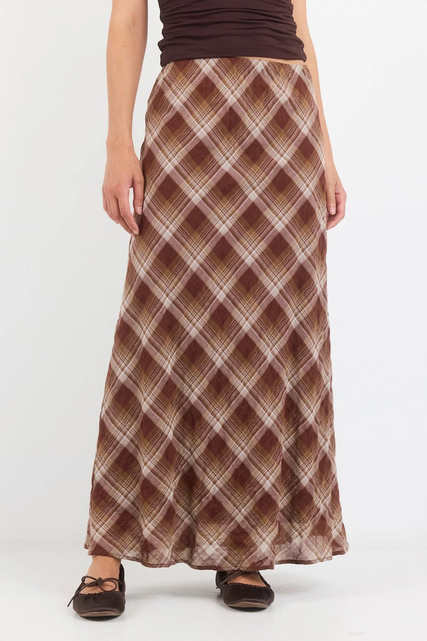Breathe Brown Check Bias Maxi Skirt