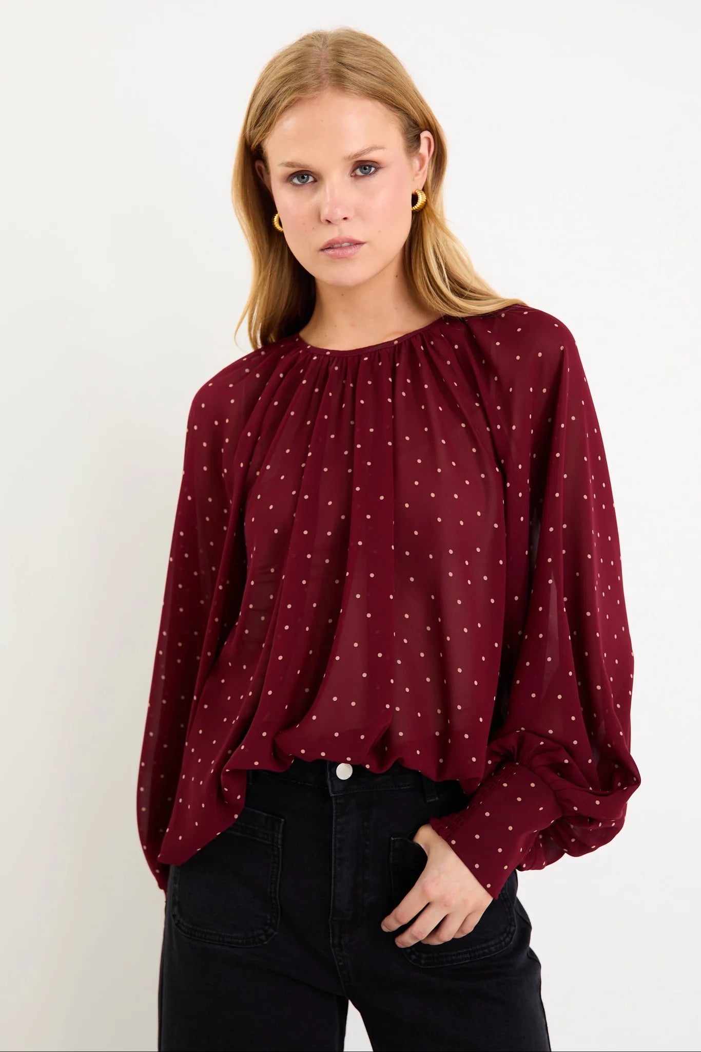 Cosmopolitan burgundy polka dot crew neck l/s top