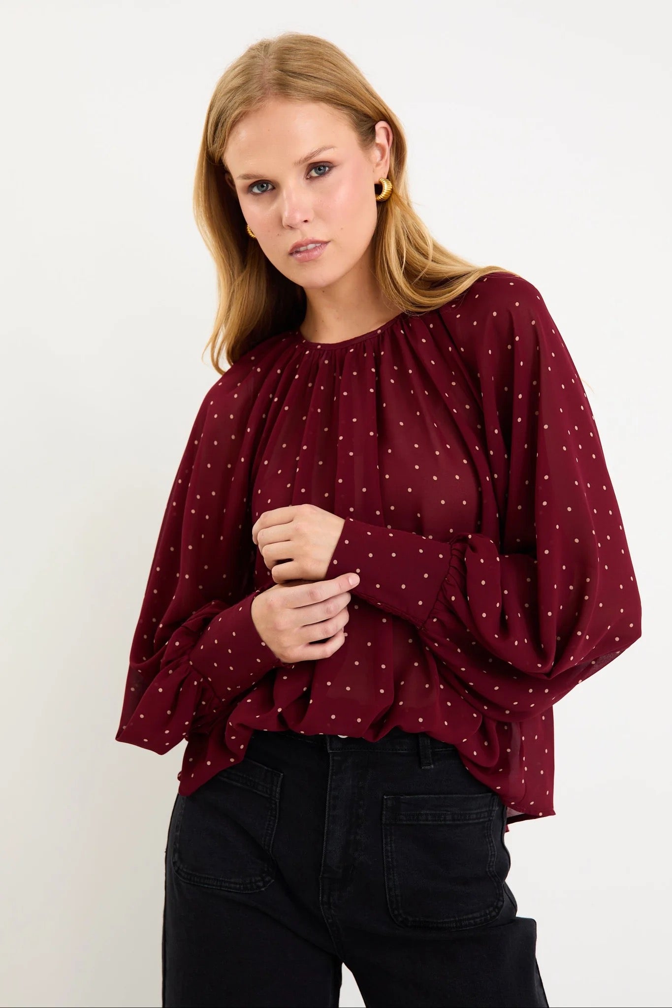 Cosmopolitan burgundy polka dot crew neck l/s top