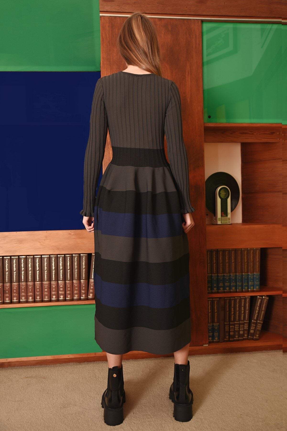 Stripe Writer Dress Charcoal Black &  Navy