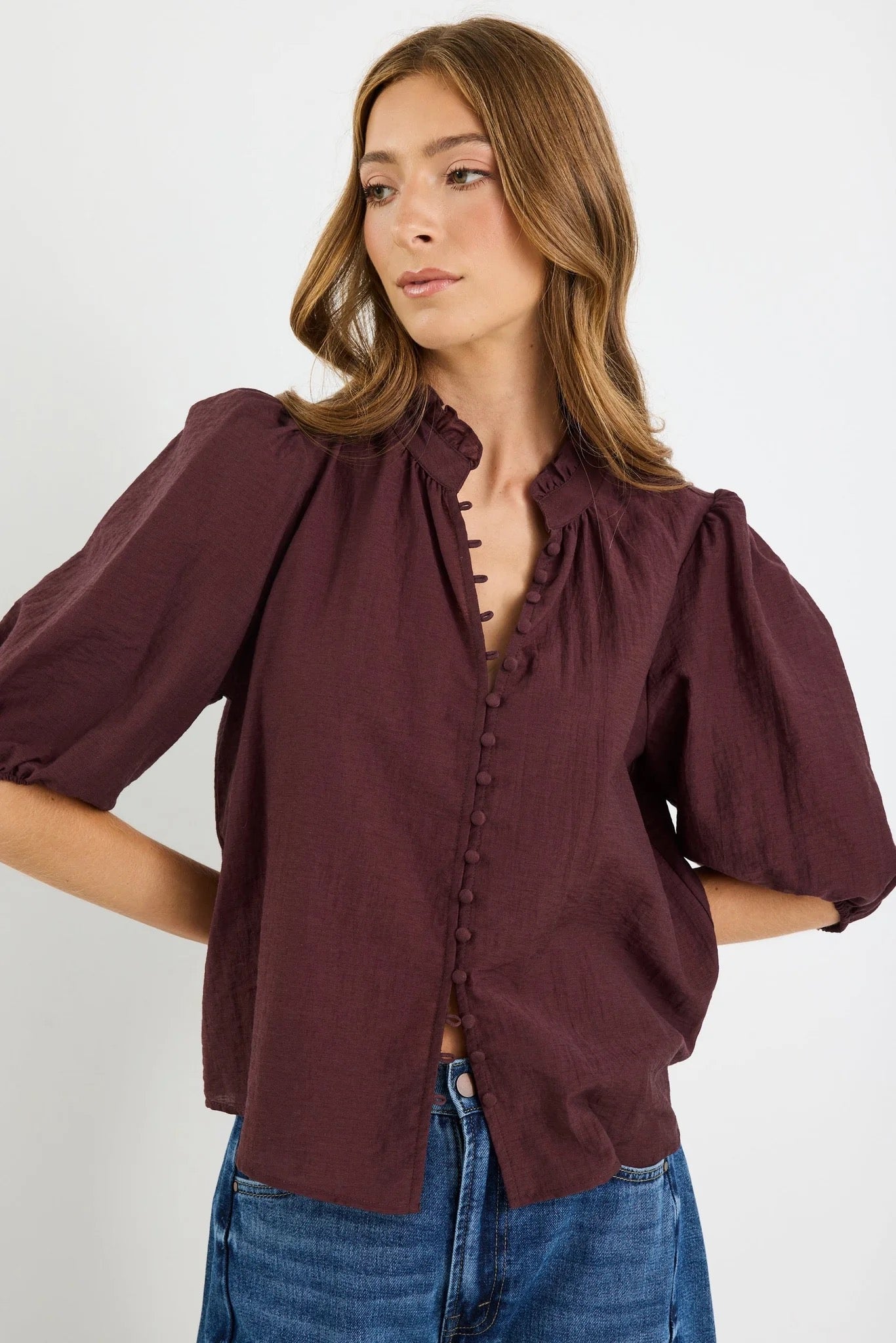 Continuance chocolate semi sheer high neck top
