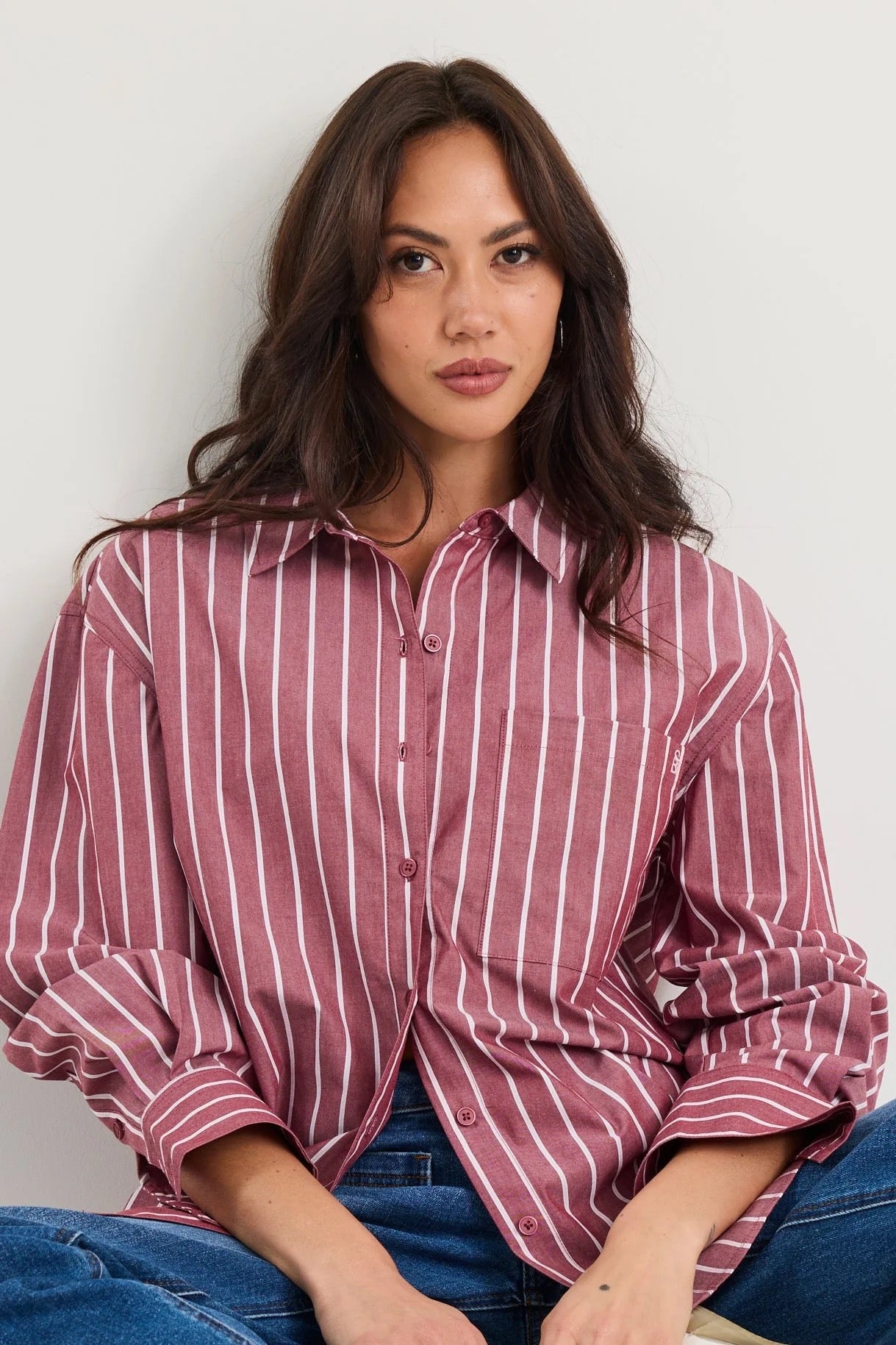 You got this burgundy stripe b/f shirt