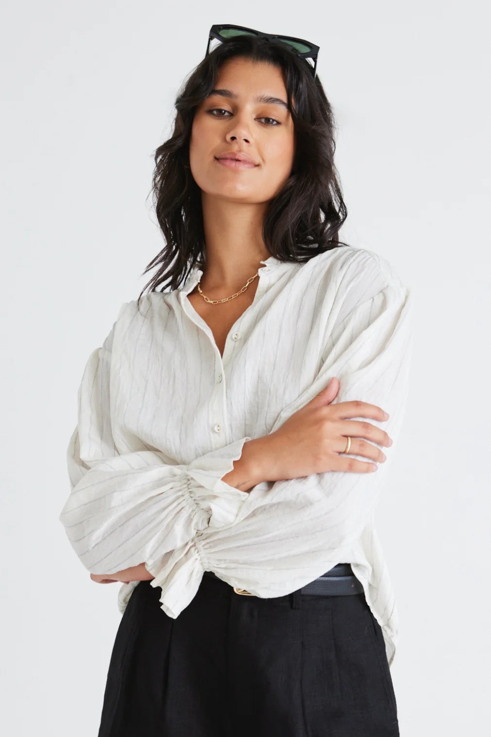 Relatable ivory stripe frill top
