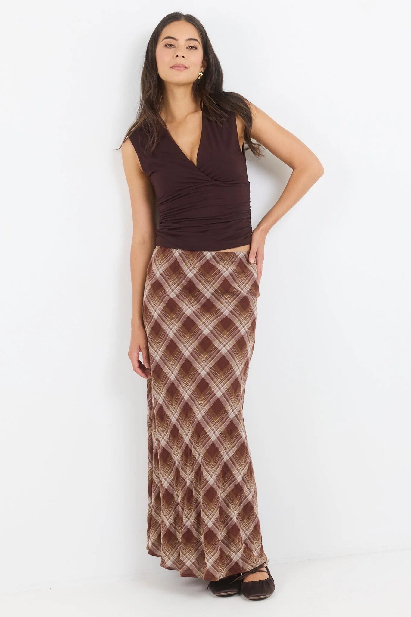 Breathe Brown Check Bias Maxi Skirt