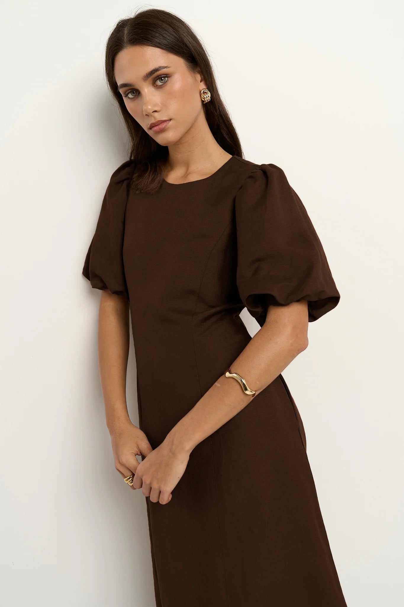 Indulgent Chocolate Puff Sleeve Midi Dress